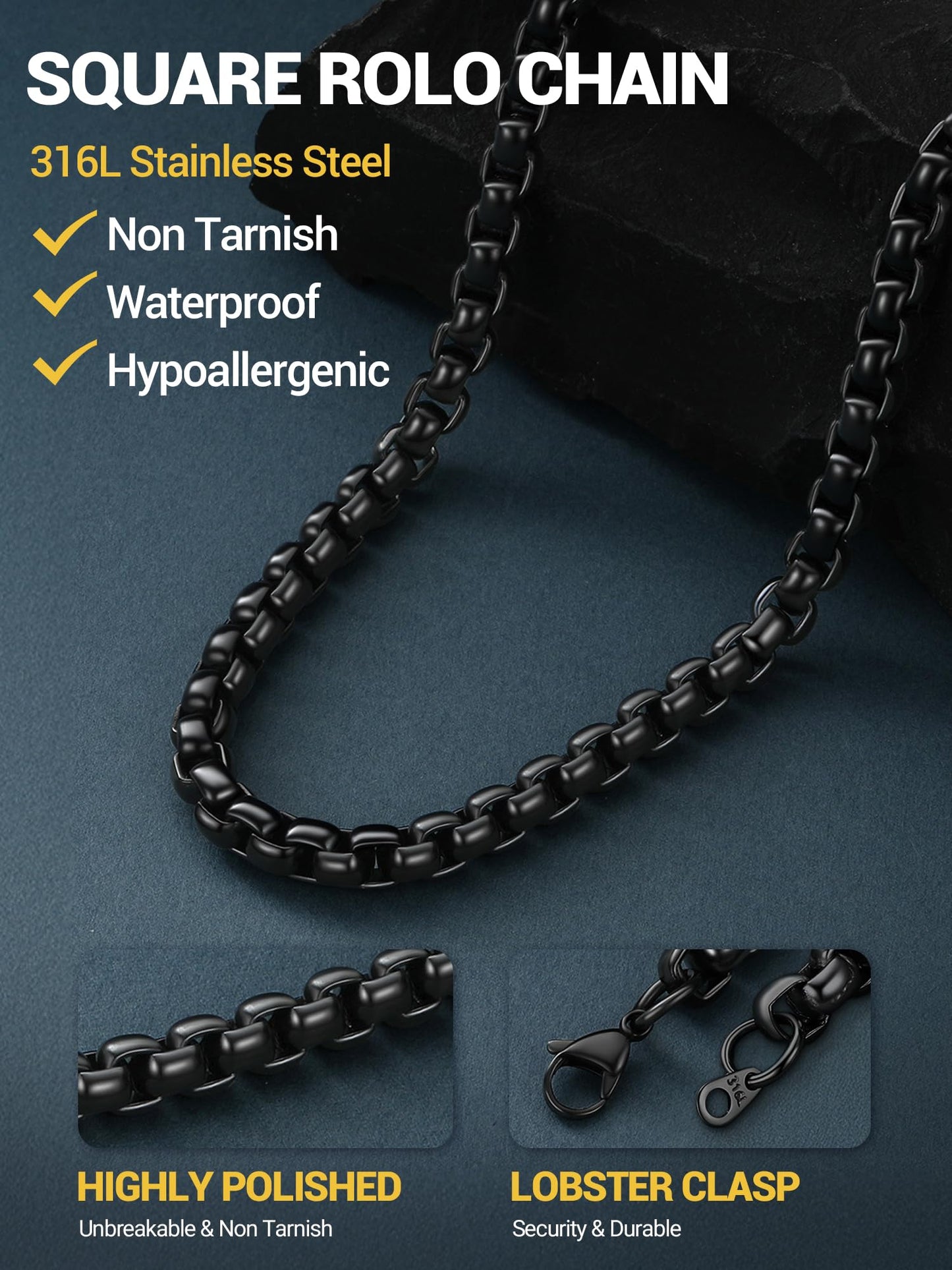 PROSTEEL Mens Chain Necklace, Squre Rolo Link Chains Black Chunky Stainless Steel Necklace 8mm Waterproof & Durable Men and Women Jewelry with Gift Box 20in