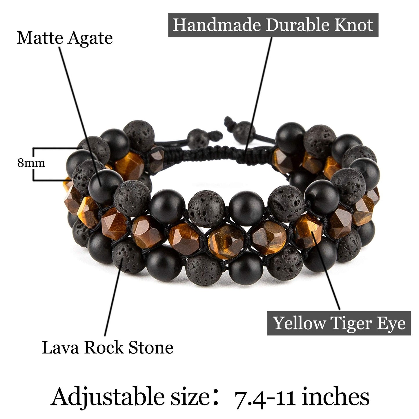 8mm Natural Lava Rock Stone Bracelets for Men, Healing Crystal Essential Oil Diffuser Beads Bracelet Chakra Yoga Energy Anxiety Gemstone Bracelet - 3 Layer