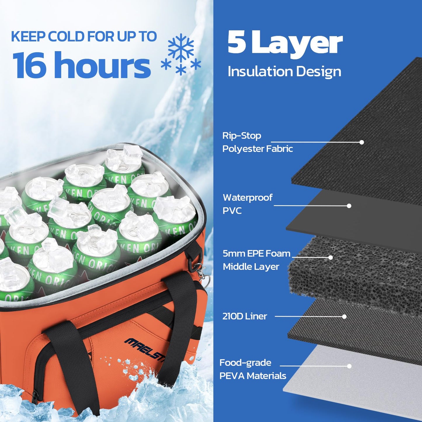 Maelstrom 30 Can Large Leakproof Soft Cooler Bag, Insulated Collapsible Ice Chest with Bottle Opener, Portable for Beach, Camping, Travel & Shopping (Orange)