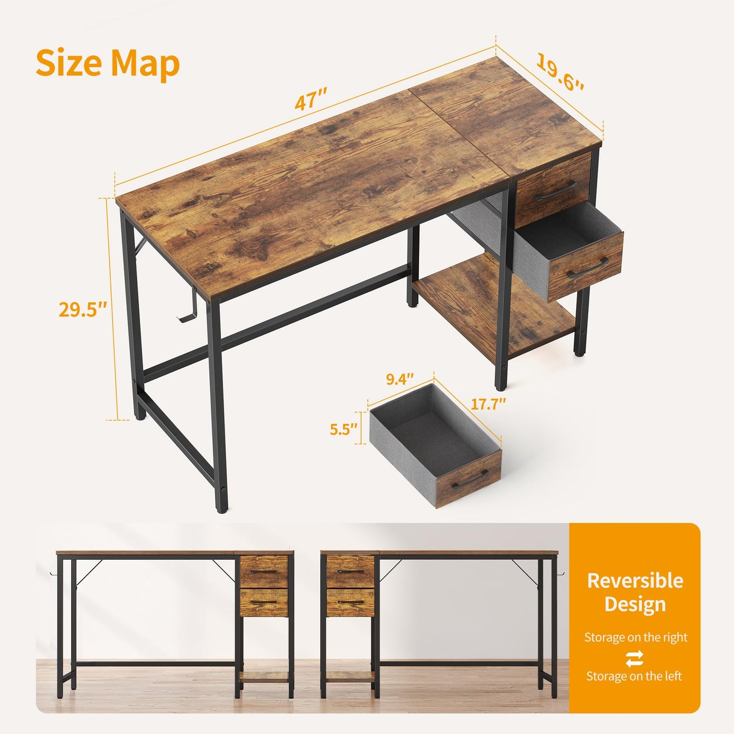Cubiker Computer Home Office Desk with Drawers, 47 Inch Small Desk Study Writing Table, Modern Simple PC Desk, Vintage Brown