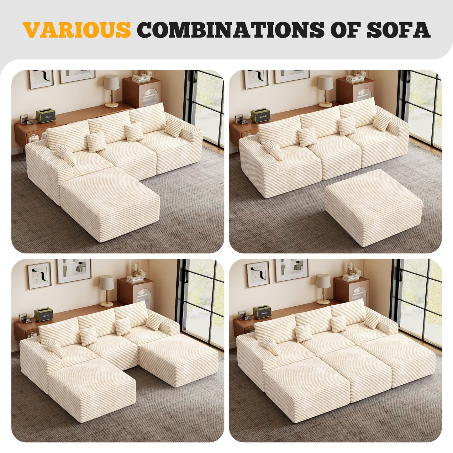 113" Modular Sectional Sofa, Convertible U-Shaped Cloud Couches for Living Room with Ottoman, 5 Seater Corduroy Boneless Couch Sofa Set, No Assembly Required, Beige 1 PCS