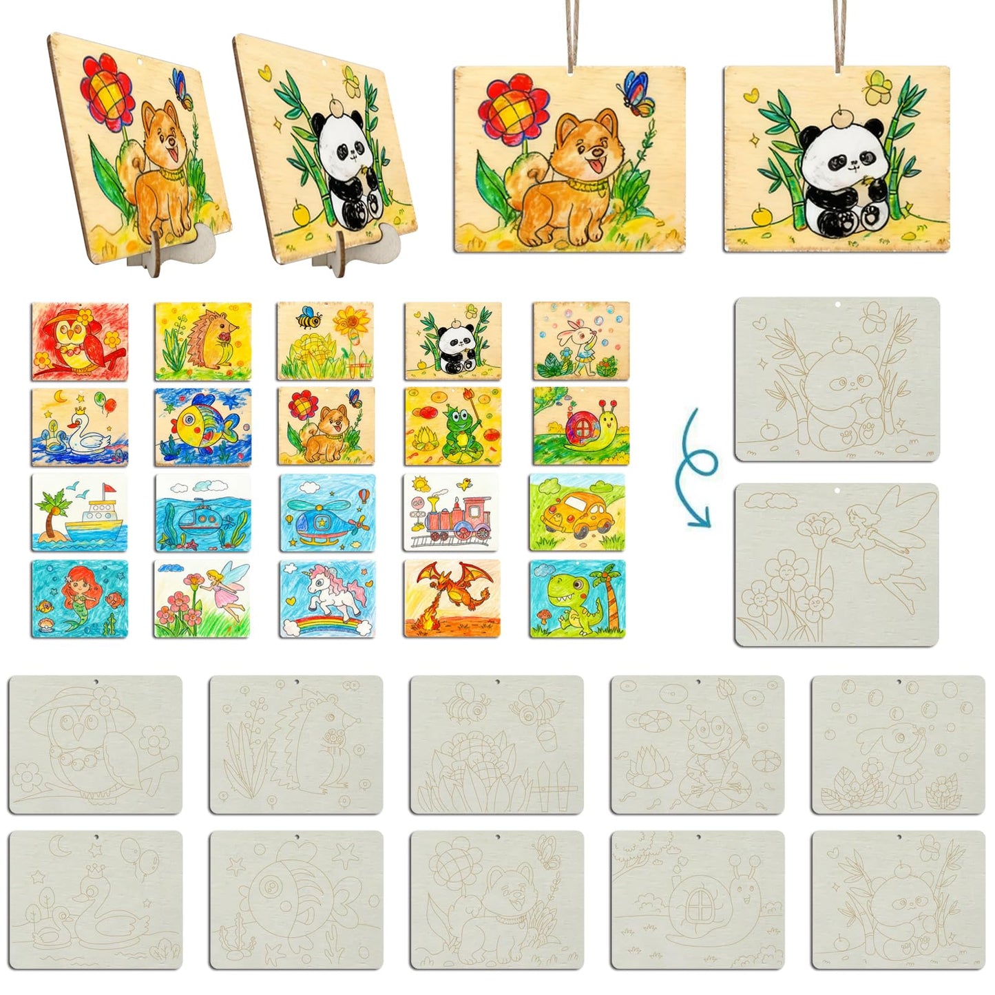 YvSuZeBuDa 10pcs Wooden Ornaments to Paint - 5.9x4.7in Unfinished Wooden Shapes with Double-Sided Designs - Safe Rounded Corners,Hang or Display with Stand - Painting Kits for Kids Ages 4-8