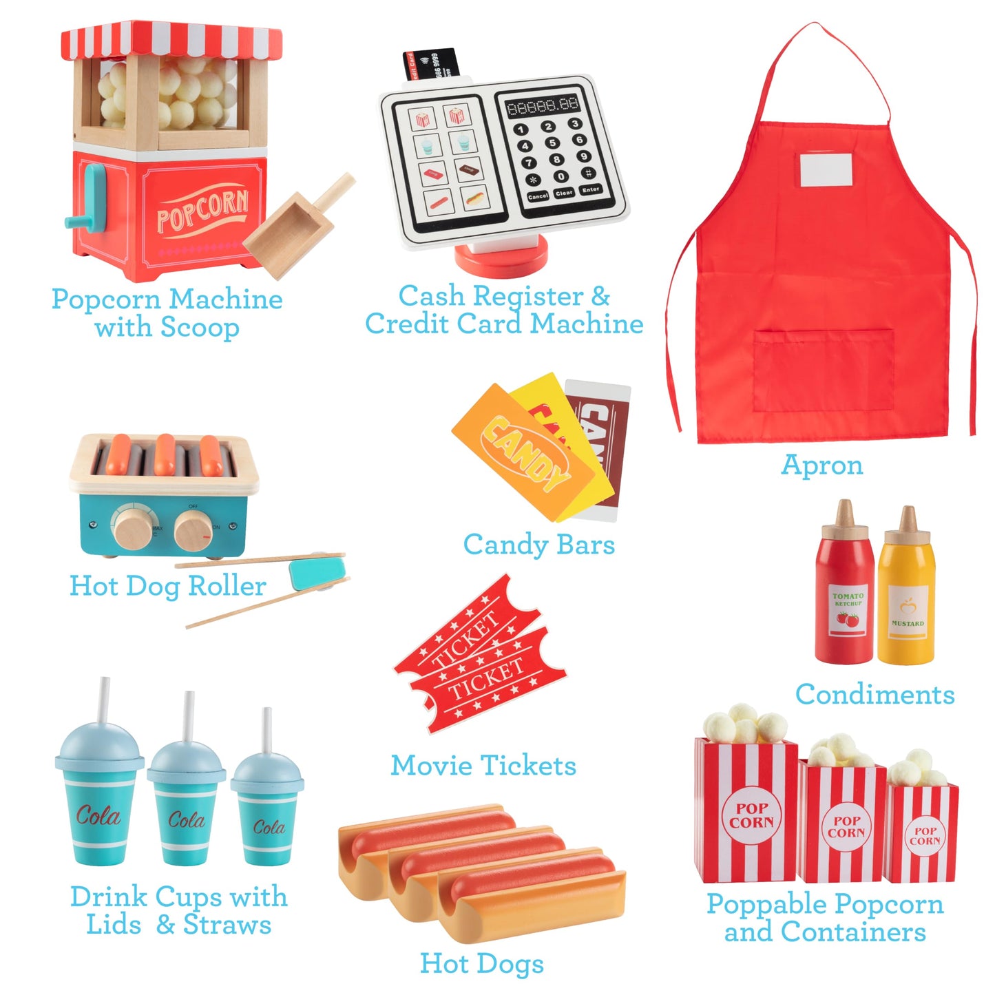 Movie Theatre Snack Bar Wooden Playset- Pretend Concession Stand Fun- Full Set w Popcorn Machine, Hot Dogs, Candy Bars, Sodas Cash Register, Credit Card- Kids Food Activity Center- Home or Daycare Toy
