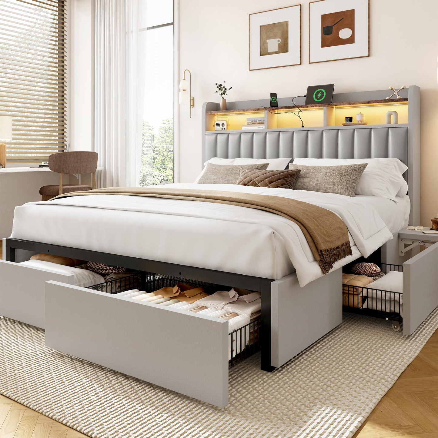 BRELTAM King Bed Frame with Headboard,4 Storage Drawers,and Built-in Adjustable Desk,Charging Station,Easy Assembly,No Box Spring Needed,Light Grey