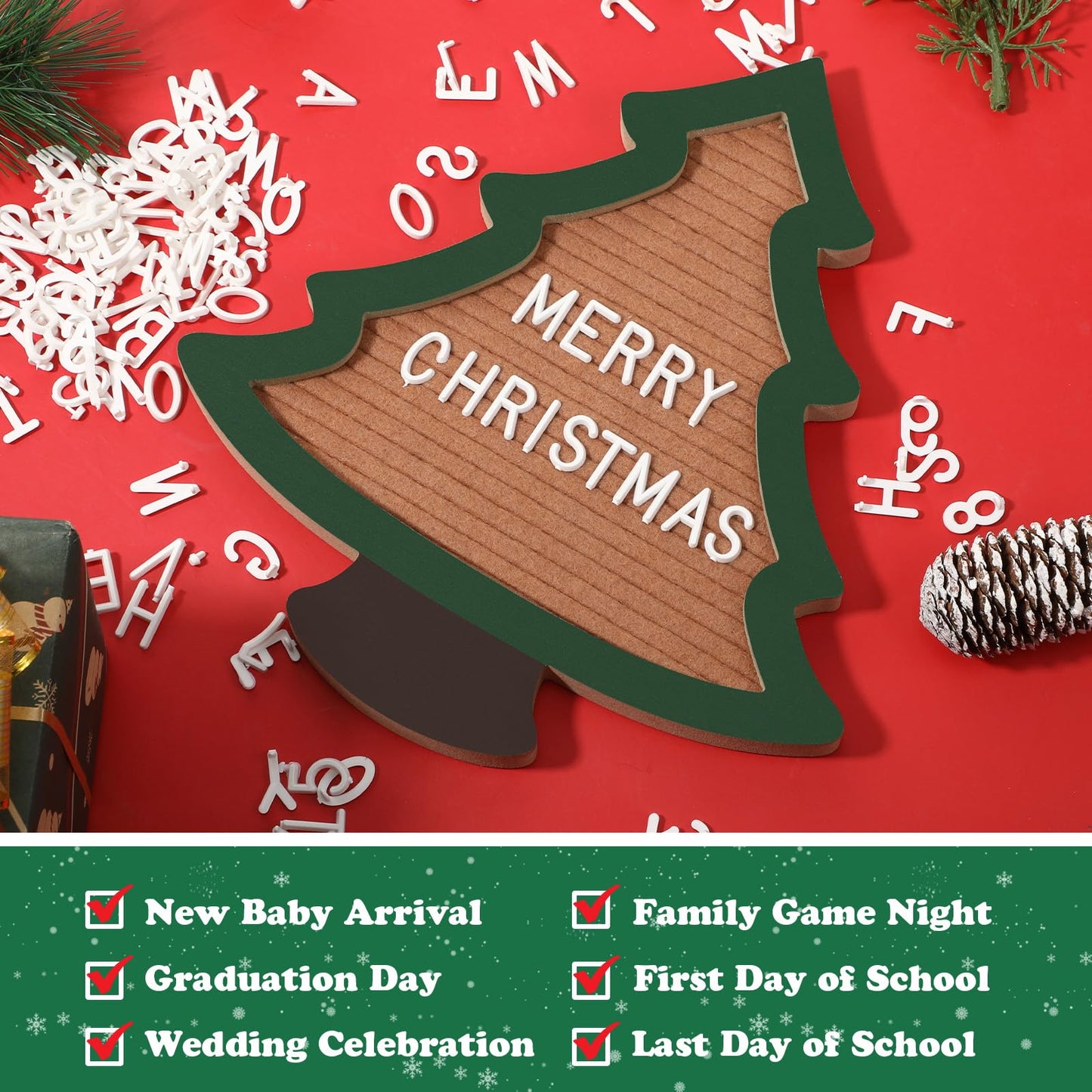 Humyoun Changeable Felt Letter Board with Letters Christmas Tree Designs Photo Props Xmas Supplies Holiday Mugshot Sign Baby Announcement, Message Board Decor Farmhouse Milestones Kids