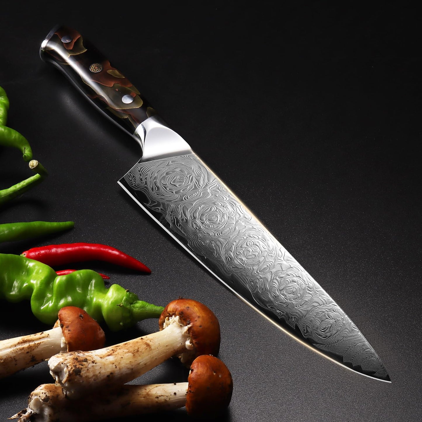 Damascus Chef Knife 3pcs, Professional Japanese Kitchen Knife with High Carbon Steel Core, Ergonomic Resin Handle, Leather Sheath & Luxury Gift Box - Ideal Gift for Men Women