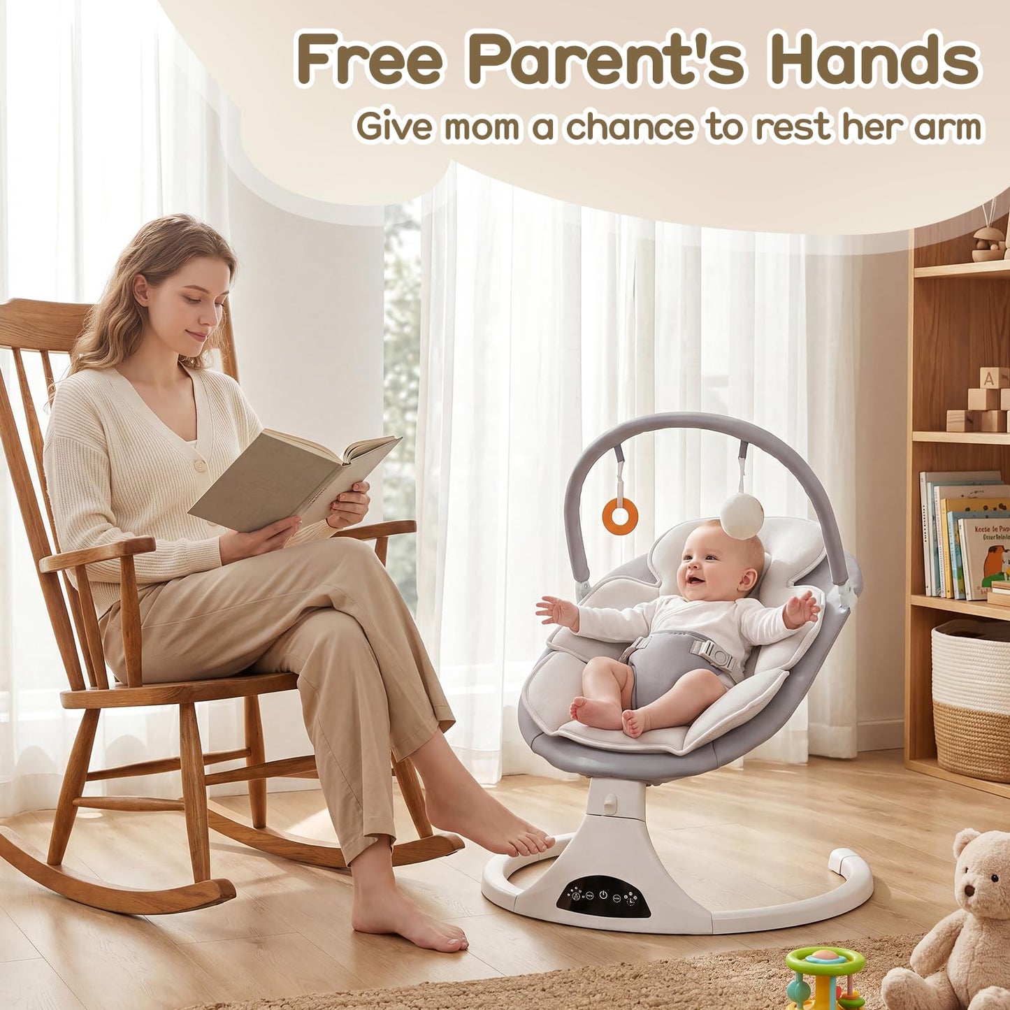 Electric Baby Swing with Remote Control - 5 Natural Motion Speeds, Detachable Seat Pad | Portable Infant Swing for Indoor/Outdoor Use (0-6M, 20lbs) (Gray)