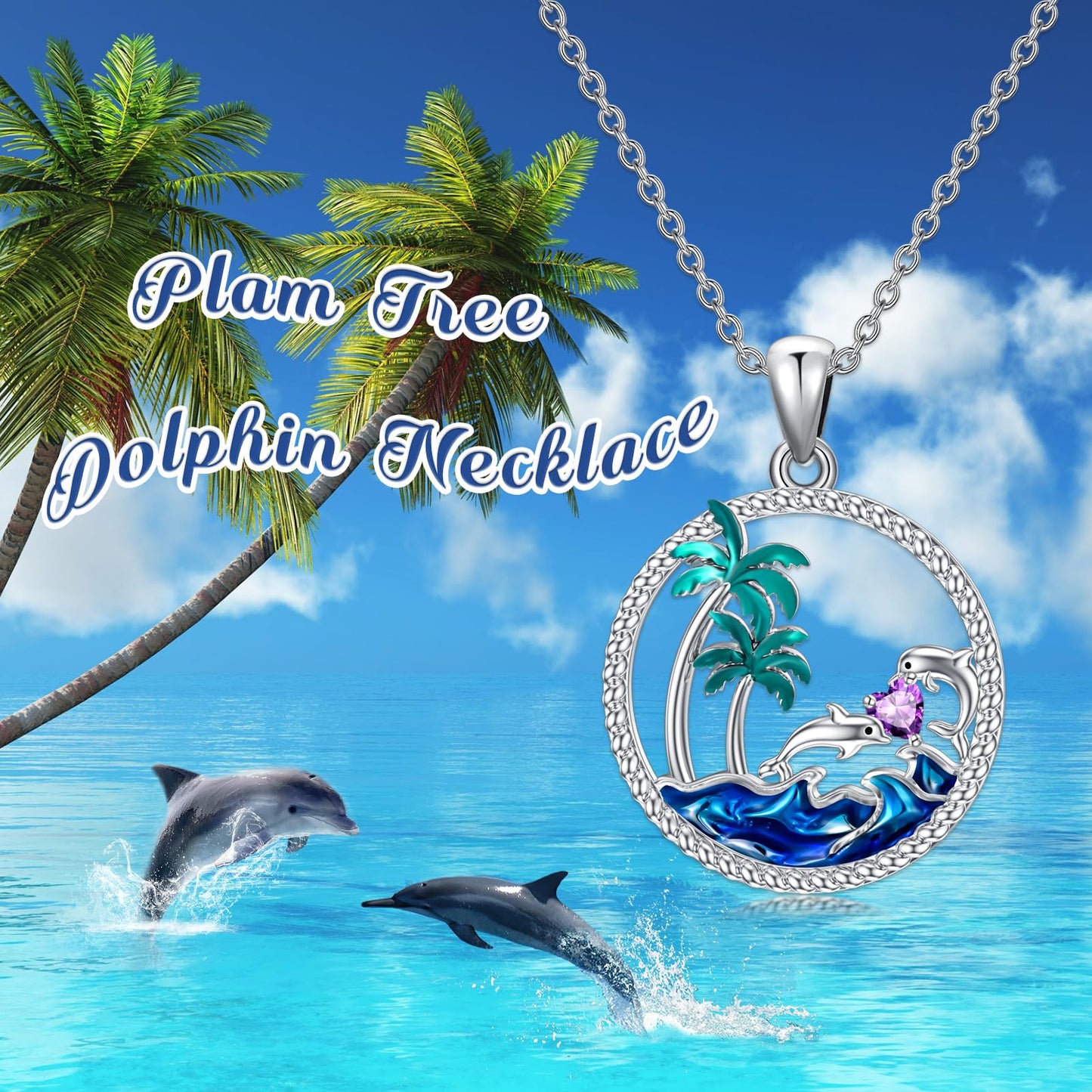 PROESS Dolphin Necklace Sterling Silver February Birthstone Necklace Palm Tree Beach Jewelry Ocean Animal Gifts for Women Daughter
