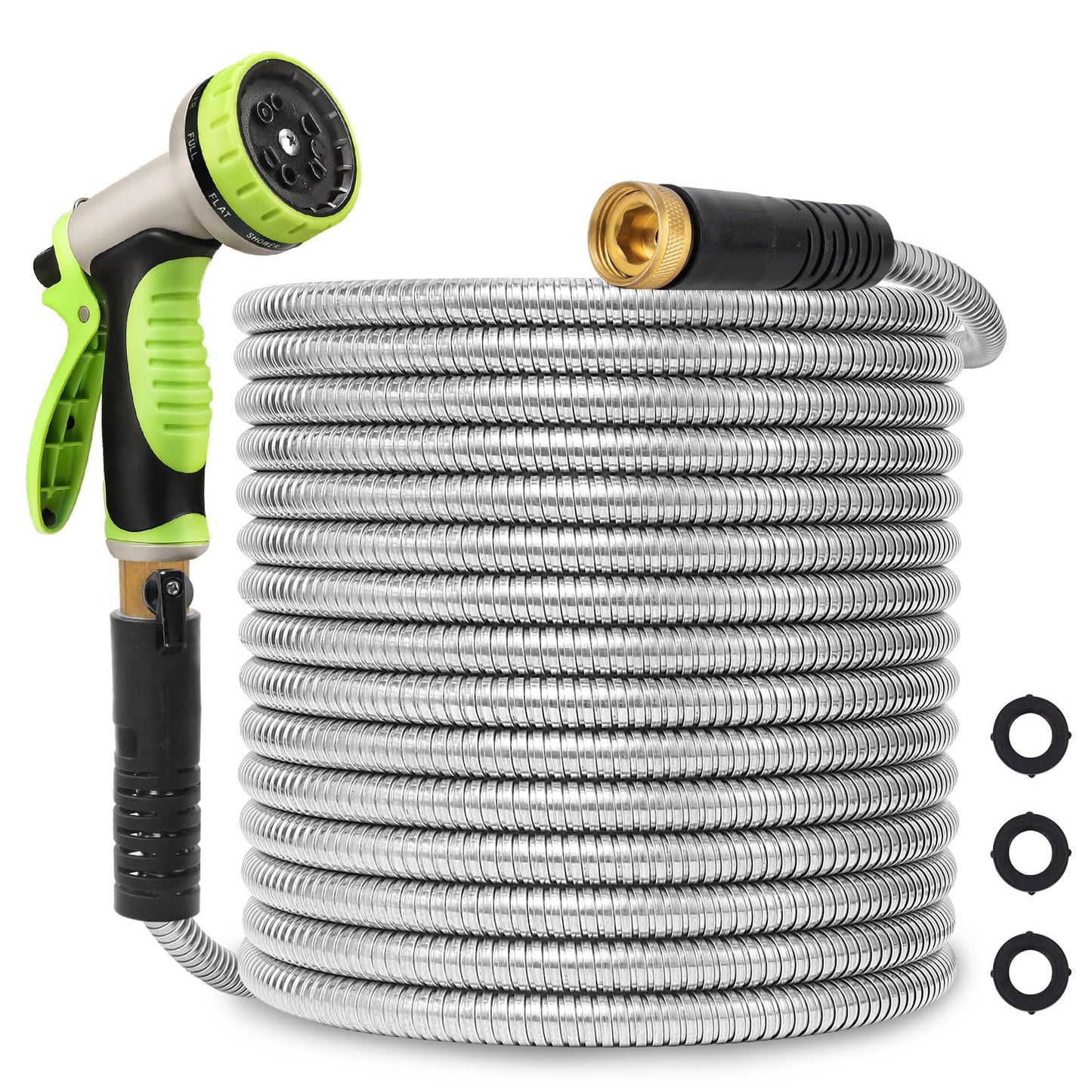 Svansea Metal Garden Hose 100ft Stainless Steel Hose Heavy Duty Flexible Water Hose with 10 Way Spray Nozzle 3/4 Solid Brass Fittings-Outdoor Yard Lightweight No Kink Leak Resistant Water Pipe