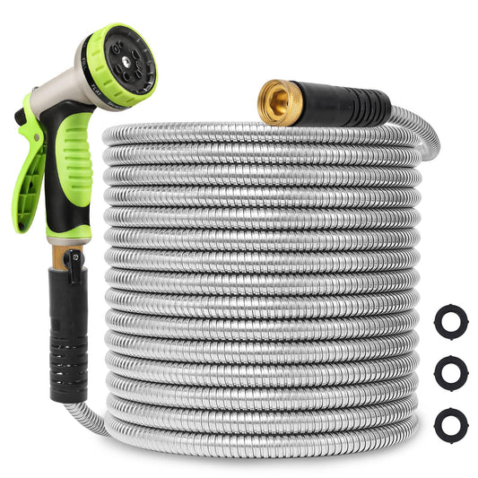 Svansea Metal Garden Hose 50ft Stainless Steel Hose Heavy Duty Flexible Water Hose with 10 Way Spray Nozzle Durable 3/4 Solid Brass Fittings-Outdoor Yard Lightweight No Kink Collapsible Water Pipe