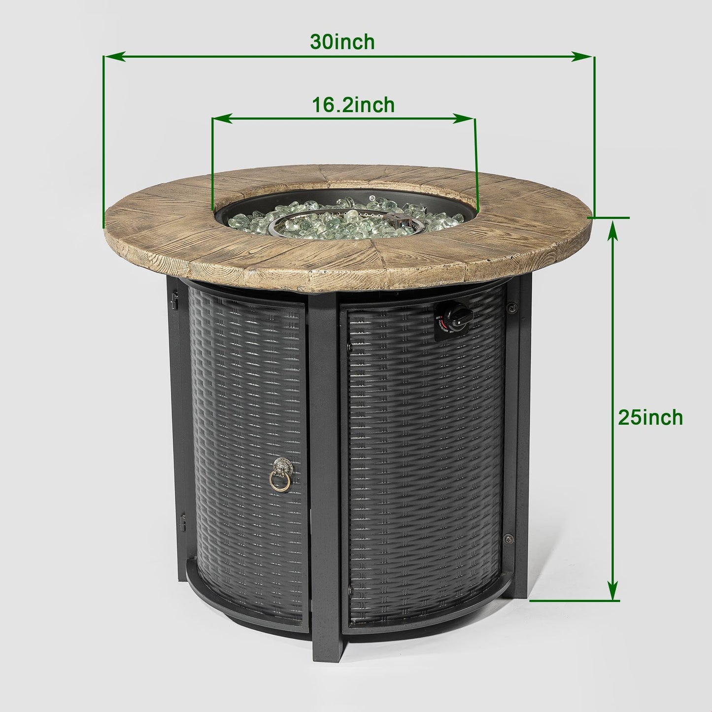 GDFStudio 30" Round Propane Fire Pit Table, 50000 BTU Outdoor Gas Heater with Faux Wood Grain Top & Glass Beads, for Patio Deck Garden Backyard, Black