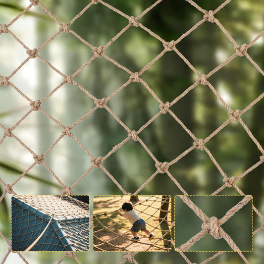 Jute Hemp Rope Net,Heavy Duty Natural Safety Rope Netting Balcony Stairs Fence Garden Playground Protection Net Indoor & Outdoor Decoration Rope Netting (6.5FT*16FT)