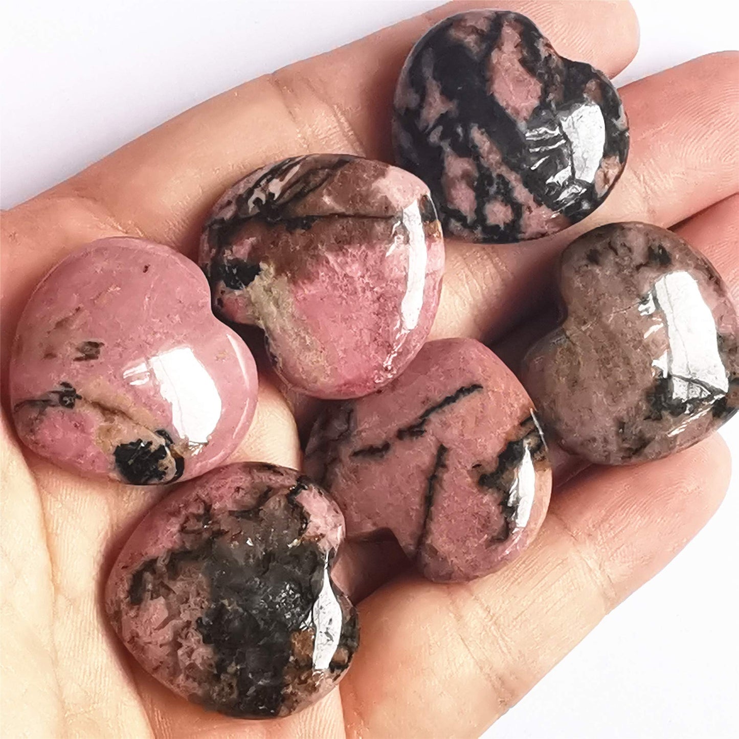 Bacatgem 3 Pcs Natural Rhodonite Pocket Palm Thumb Healing Crystal Heart Love Worry Stones,1 inches Reiki Balancing Crystal and Healing Stones