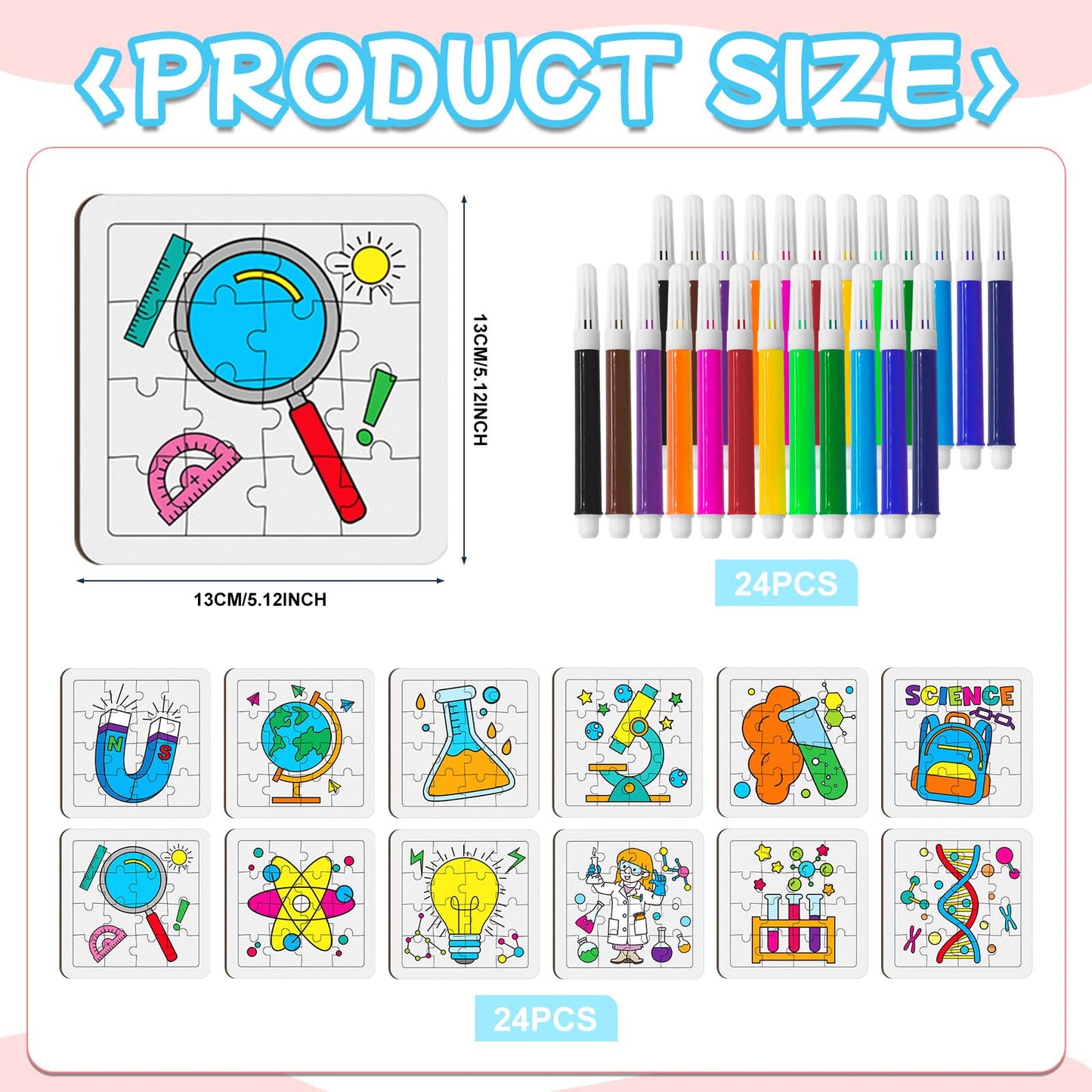 Cinrobiye 24 PCS Science Coloring Jigsaw Puzzles Bulk DIY Scientific Arts and Crafts Puzzle with Color Pens Educational Science Gifts for Home School Art Project Birthday Party Favors Supplies