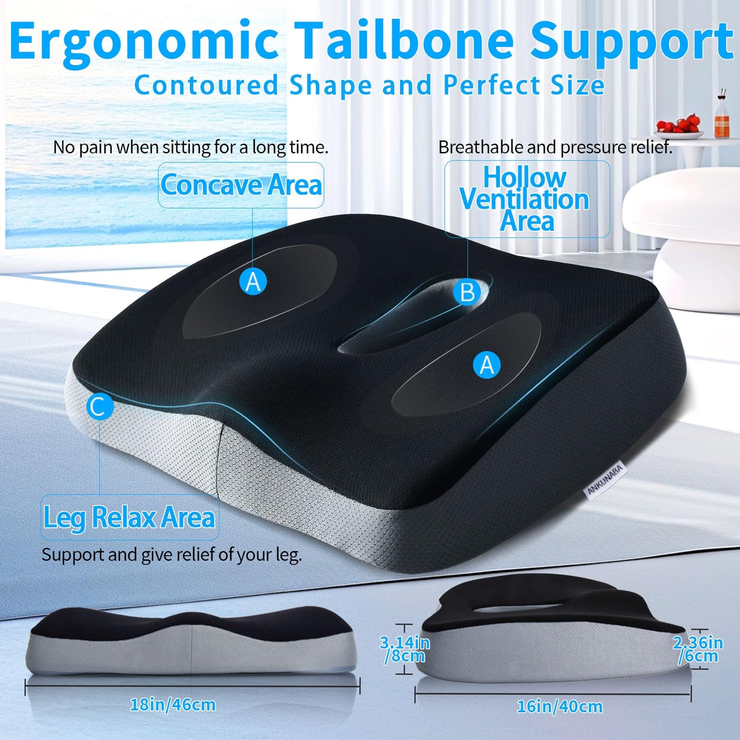 ANKUNABA Seat Cushions for Office Chairs, Large Memory Foam Desk Chair Cushion for Coccyx Tailbone Sciatica Back Pain Relief, Orthopedic Chair Pad for Car Wheelchair Computer Long Sitting (Black)