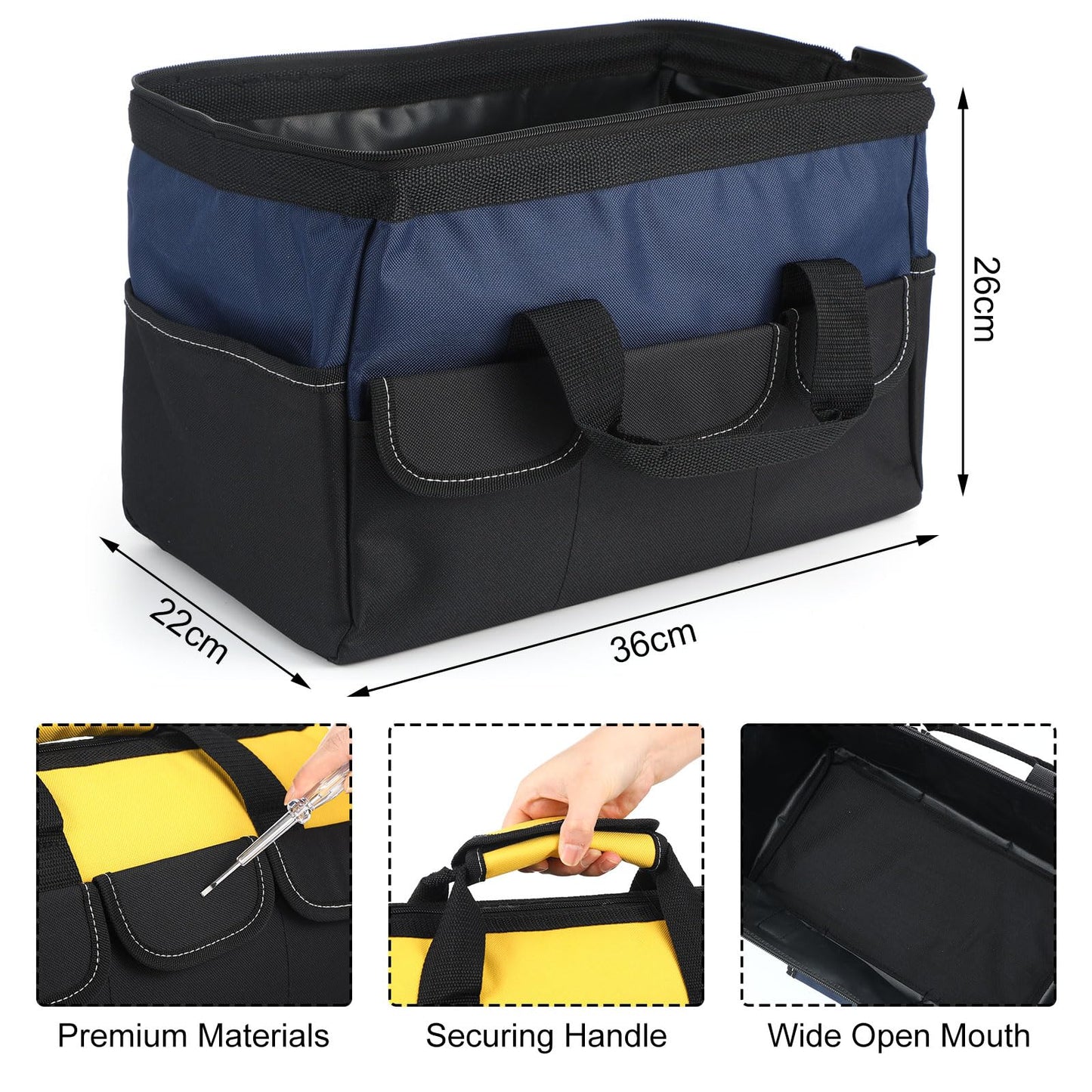 Sanwuta 3 Pack Tool Bag for Men with Waterproof Hard Bottom, Heavy Duty Tool Bag Wide Mouth Tote for Various Instrument, Electrician Carpenter Mechanic (Blue, Red, Yellow,16 Inch,Side Pockets)