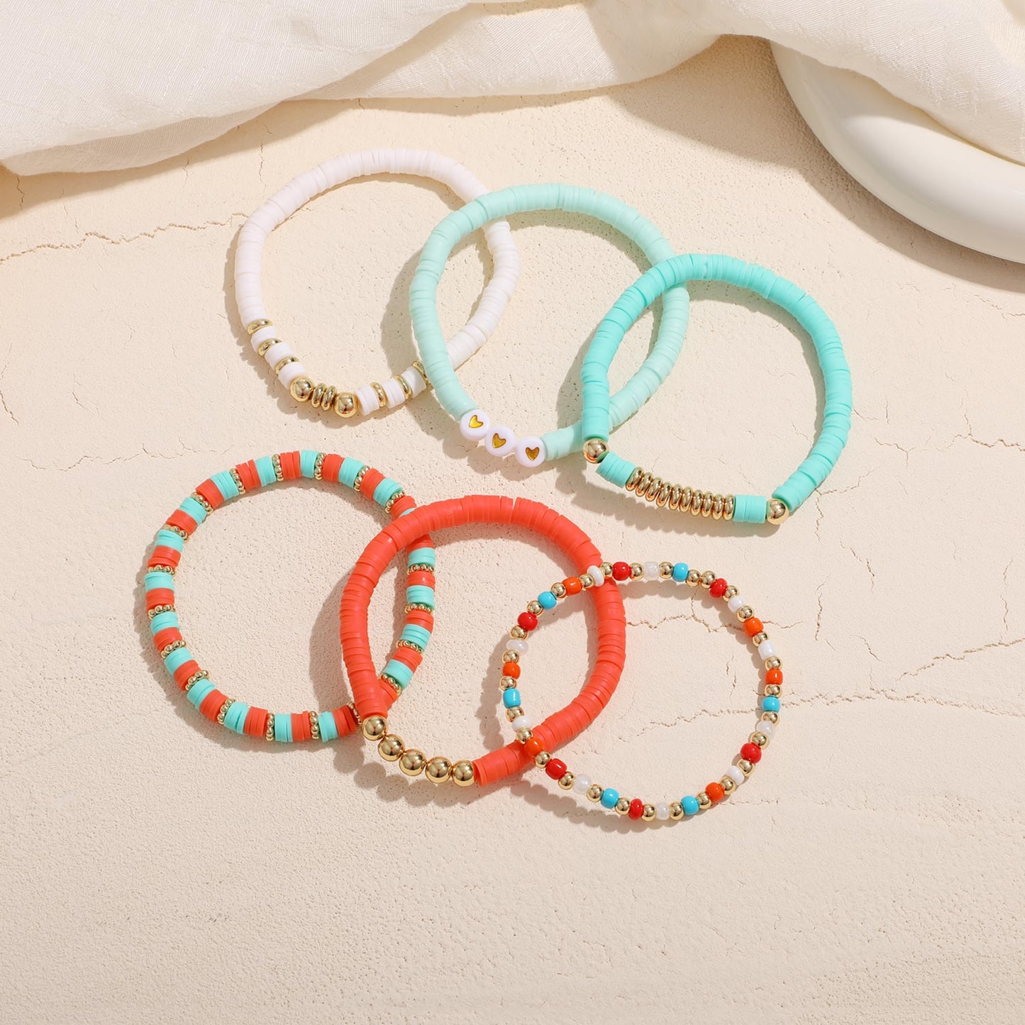 RISHEGAE Heishi Beaded Stretch Bracelets for Women Stackable Polymer Clay Beads Bracelets Friendship Boho Summer Beach Bracelet Jewelry Set (D-A orange 6pcs)