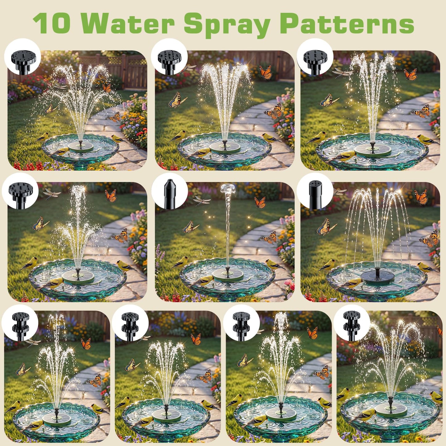 AISITIN 3.5W Solar Bird Bath Fountain with Built-in 1800mAh Battery, Solar Water Pump with 8 Nozzles, Solar Powered Floating Fountain for Outdoor Garden, Birdbath, Pond, Pool, Fish Tank - Dark Green