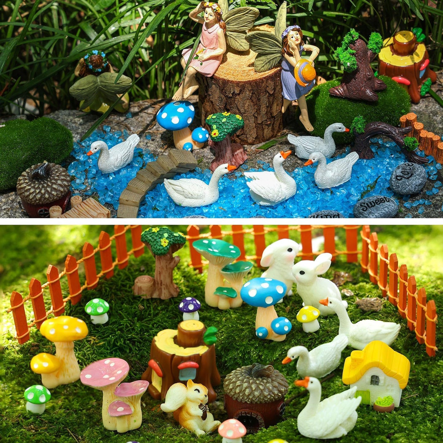 HIYZI 92 PCS Mini Fairy Garden Accessories Kit Cute Tiny Figurines Set DIY Micro Landscape Decor Resin House Bridge Animal Plant Ornament for Terrarium Dollhouse Succulent Craft Potted Horticulture