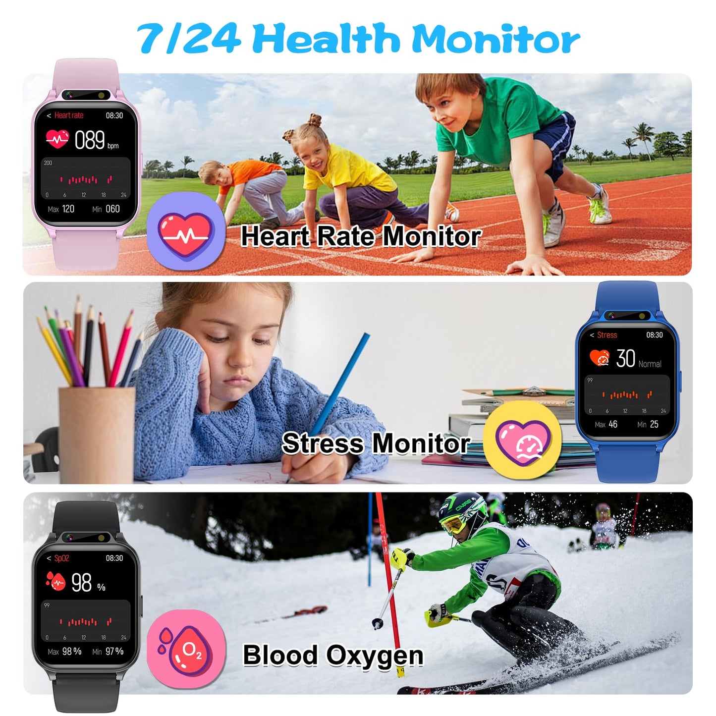 Smart Watch for Kids, 1.85" Fitness Tracker with Heart Rate, Sleep Monitor, IP68 Waterproof Smartwatches with Video Music, Pedometer, Game, NO APP/Phone, Gift for Boys Girls. (Classic, Blue)