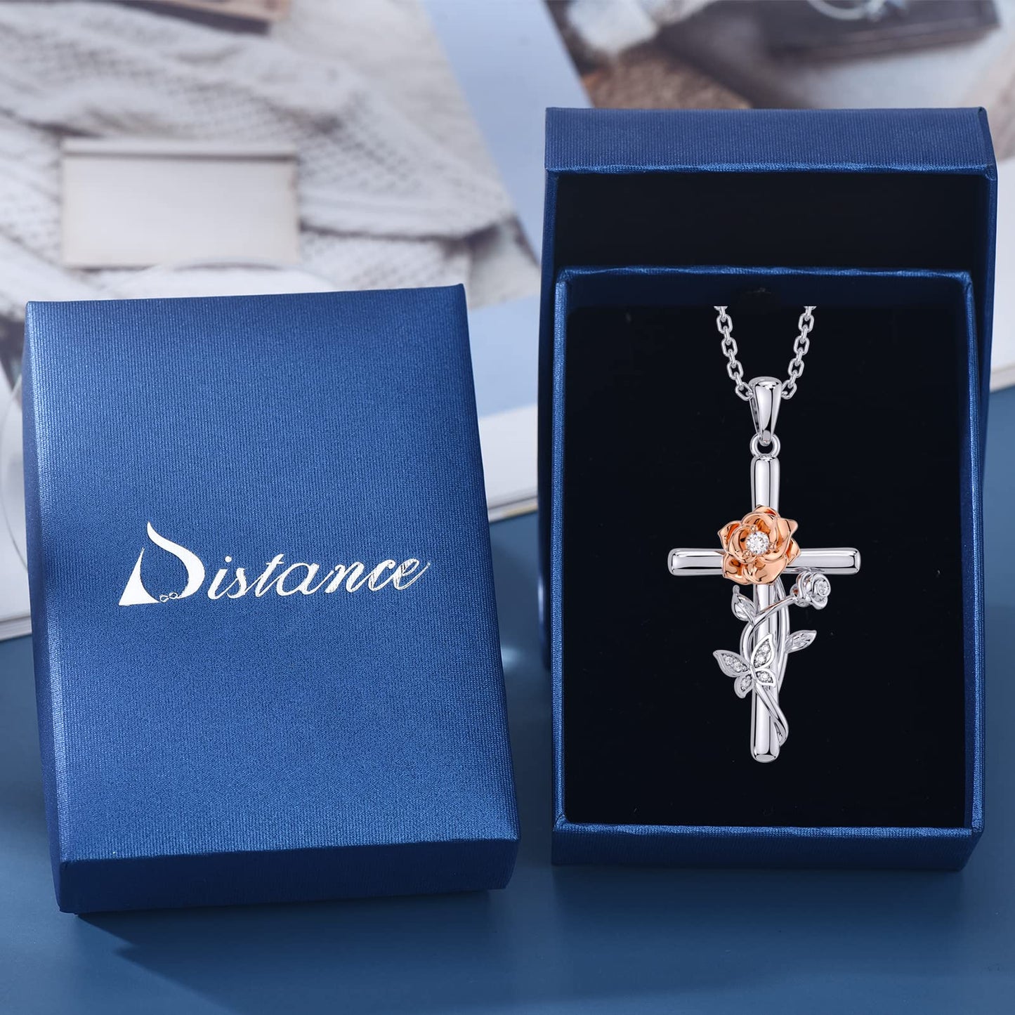 Distance Cross Necklace for Women 925 Sterling Silver Jewelry Pendant Necklace for Mom Wife Gift for Mother's Day or Birthday (Two-tone Rose Cross Necklace)