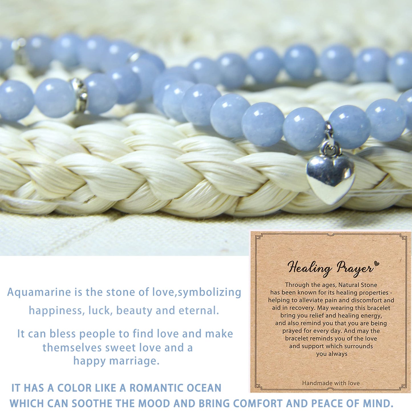 GDLKPYHS Healing Bracelets for Women - Aquamarine Bracelet - Healing Prayers Crystal Bracelet, 8mm Natural Stone Stress Relief Yoga Beads Get Well Soon Gifts