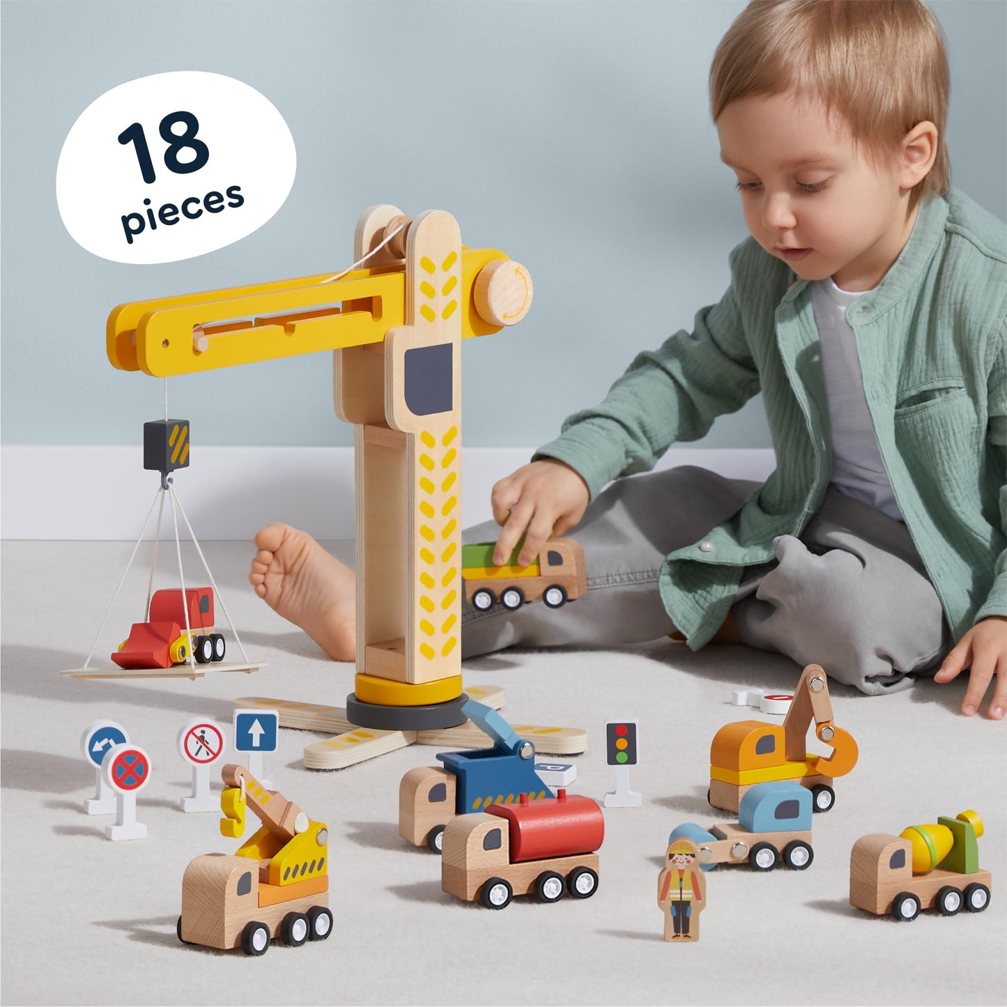 Wooden Construction Vehicle Playset for Toddlers 3-5, 18-Piece Crane Command Fleet with 8 Wooden Vehicles and Road Signs, Pretend Play Toy for Boys and Girls, Non-Toxic Wood