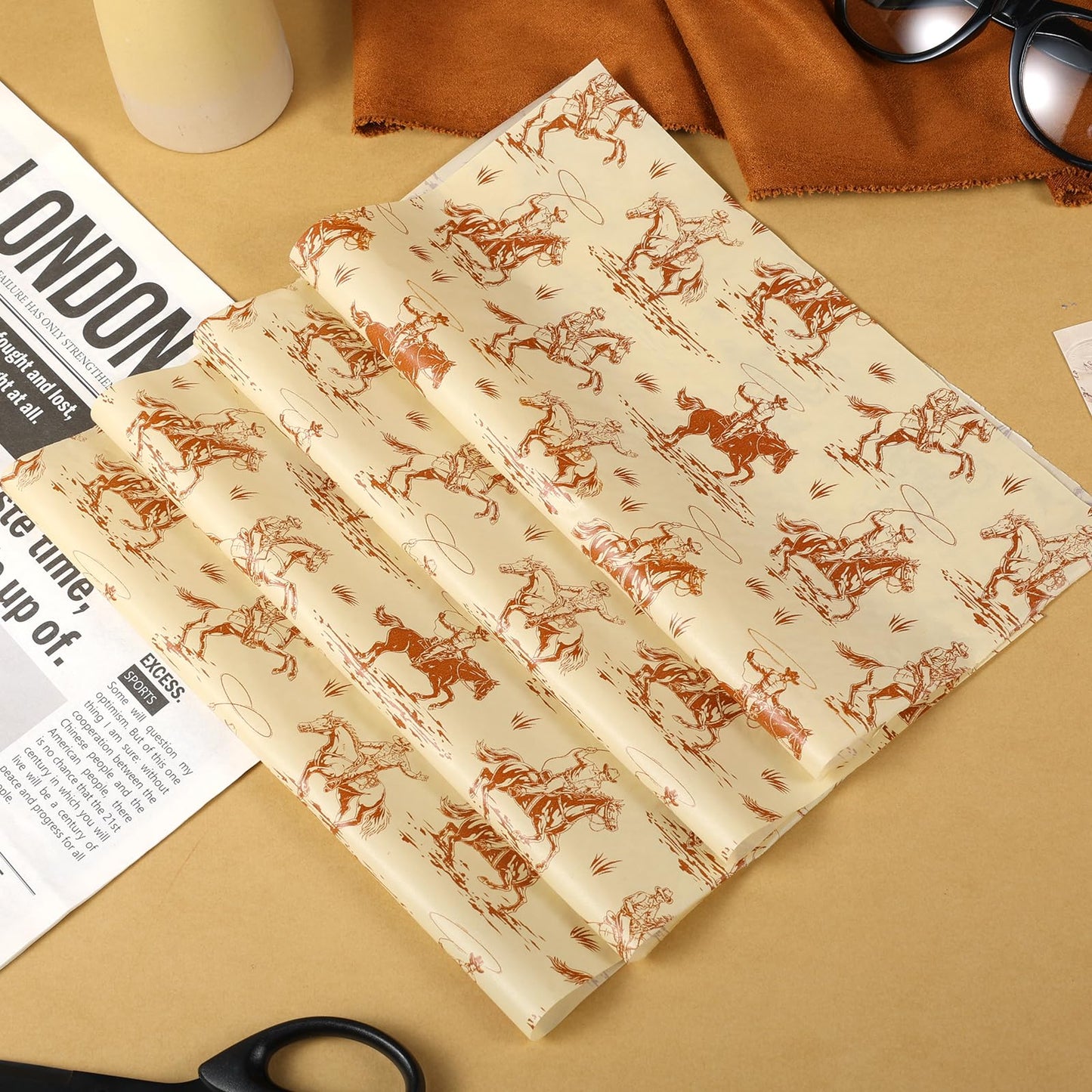 150 Sheets Western Cowboy Wax Paper for Food Deli, 9.8 x 8.3'' Borwn Wild West Rodeo Greaseproof Wrapping Paper for Sandwich Picnic Basket Liner Birthday Party Supplies