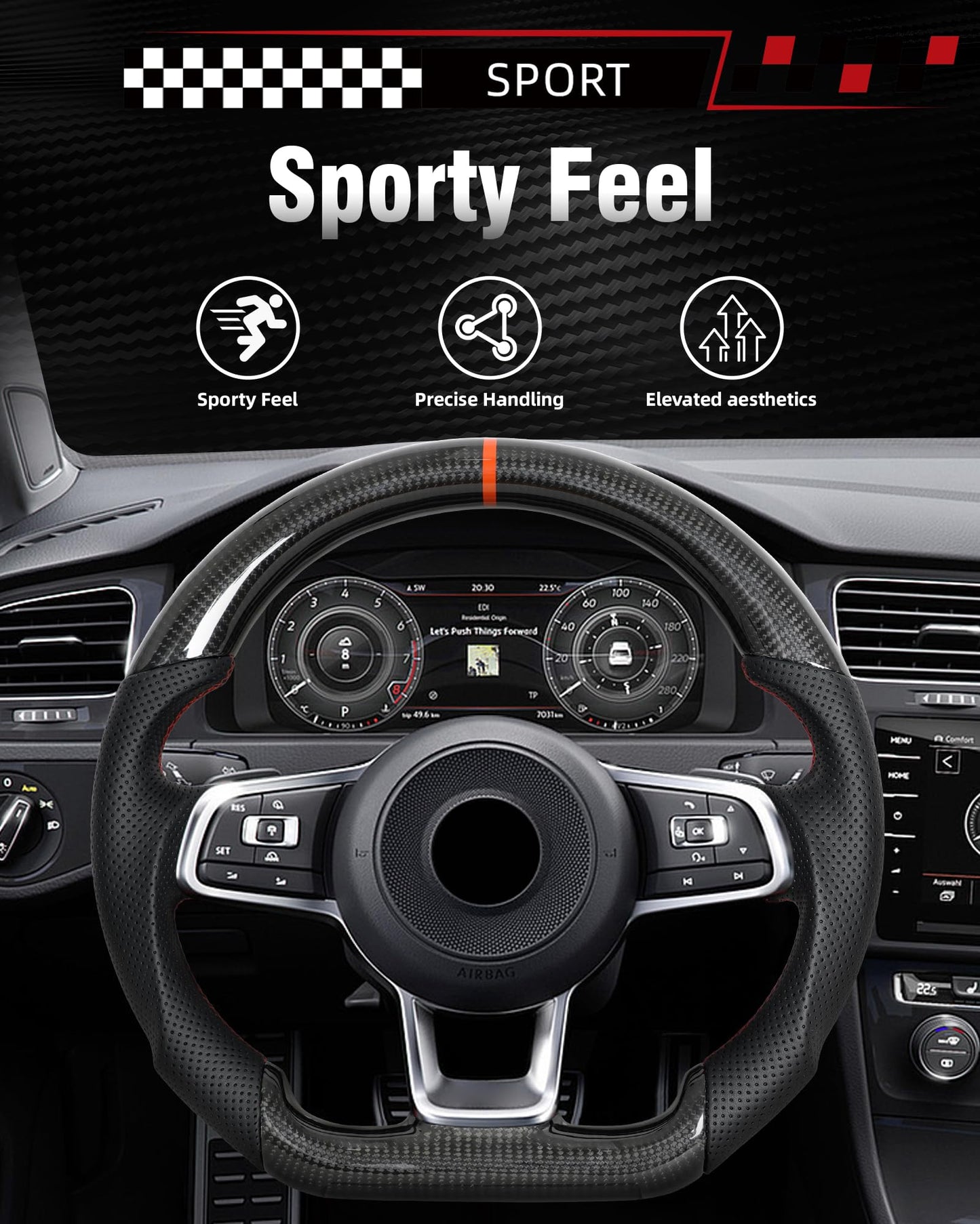 Carbon Fiber Steering Wheel for Volkswagen Golf GTI Mk7 MK7.5 2015-2020, D-shaped Flat-bottom Red Positioning Lines Red Stitching Steering Wheel for 15-20 Golf R-line(Only fit Auto Vehicles)