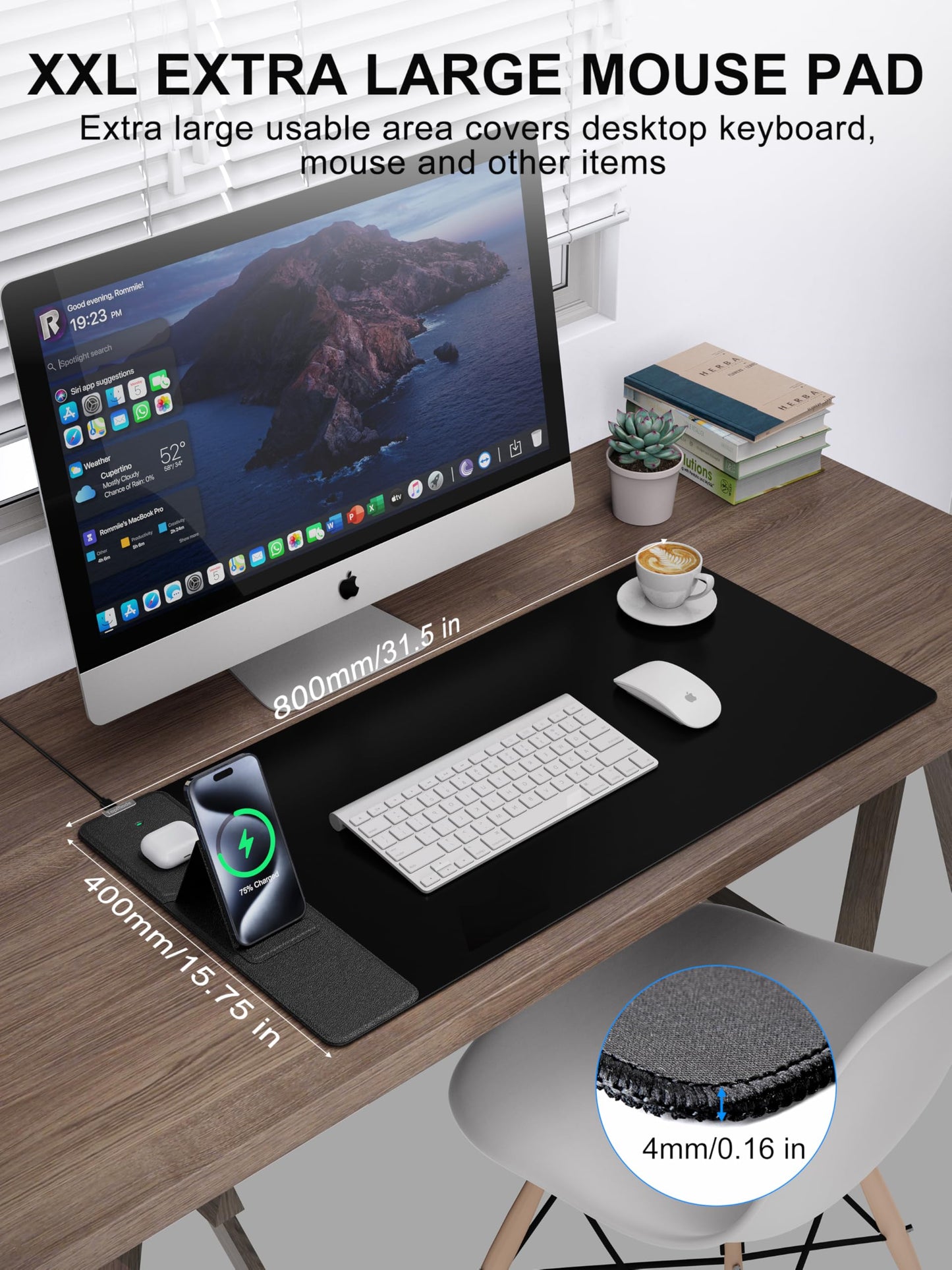 TopMade 4-in-1 Mouse Pad with 15W Wireless Charging, Foldable Phone Holder, 31.5" x 15.75" XXL Large Desk Pad, Gaming Mousepad with Ultra-Smooth Surface, Non-Slip Base, Waterproof Desk Mat, Black