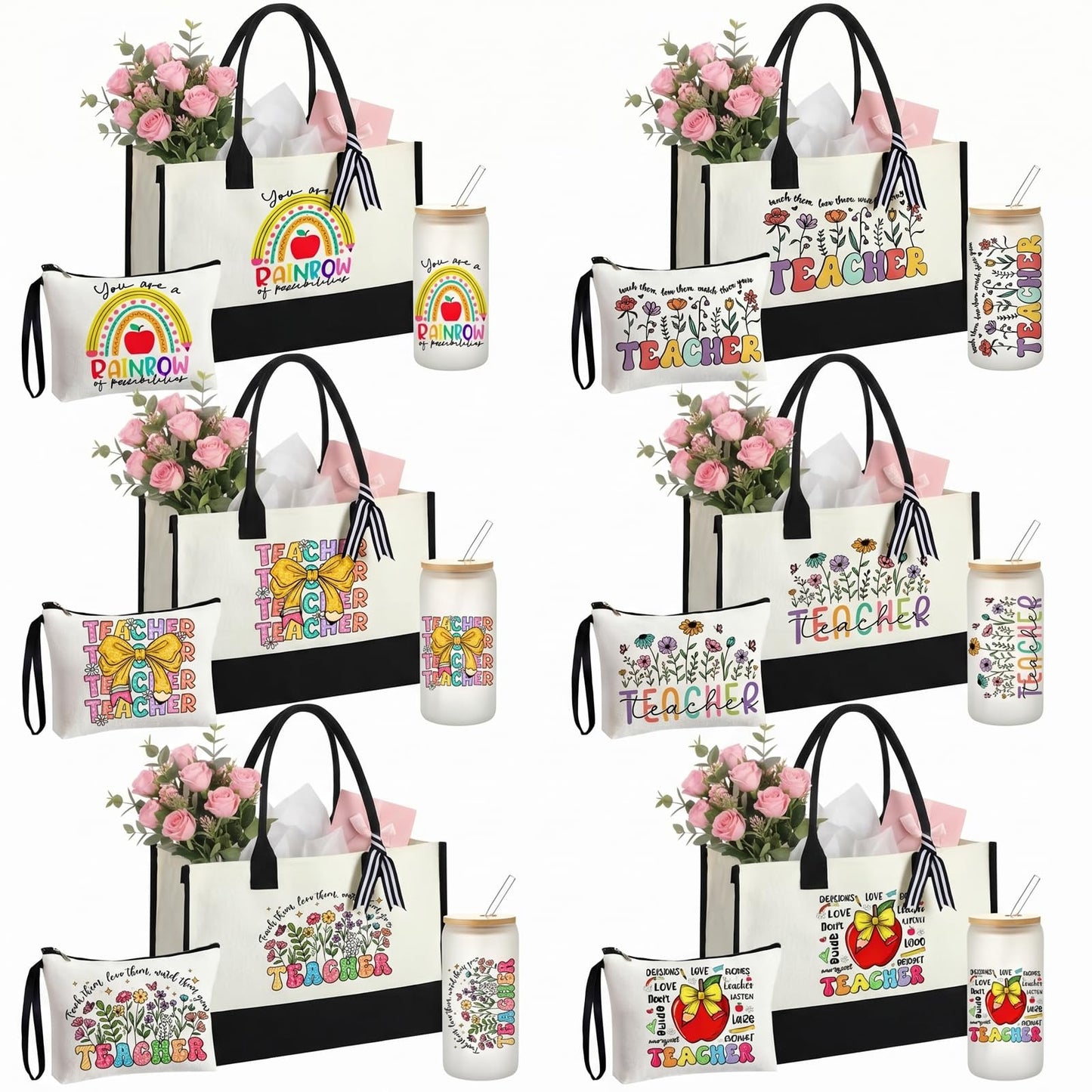 Sanwuta 6 Sets Teacher Appreciation Gifts for Women Thank You End of Year Teacher Gifts Set Include Tote Bag, Makeup Bag & 16oz Glass Cup for Employee Women Graduation Birthday School Office Supplies