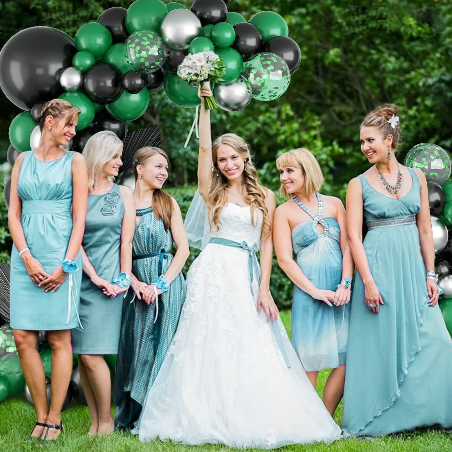 Black Green Balloon Garland,BTZO Balloons Arch Kit With Metallic Silver Confetti Balloon,Black and Green Balloons for Birthday Wedding Bridal Shower Graduations Party Decorations