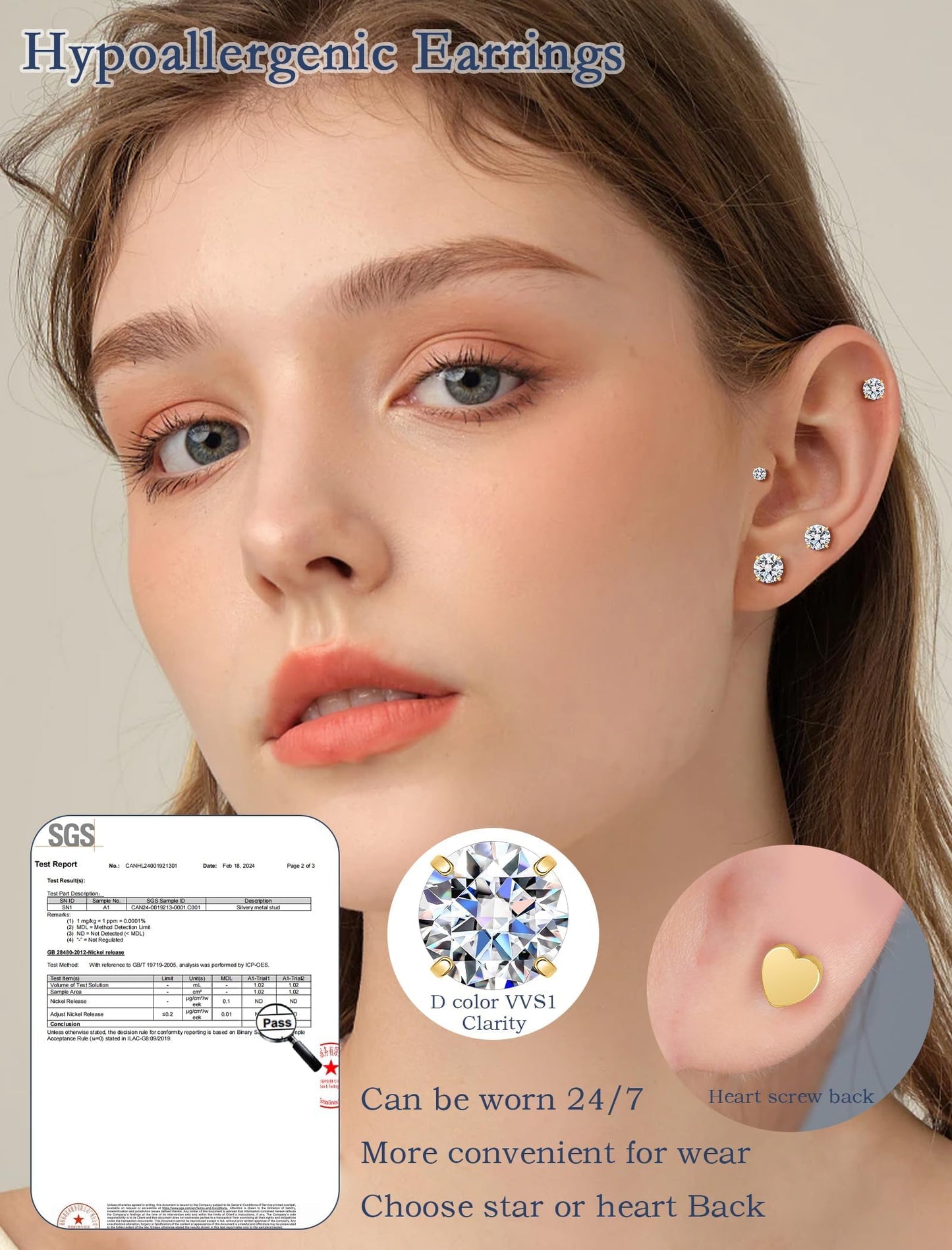 Limerencia Moissanite Stud Earrings for Women Men, F136 Hypoallergenic Titanium Earrings for Sensitive Ears, 18K Gold Plated Heart Flat Back, D Color VVS1 Clarity, GRA Certificate