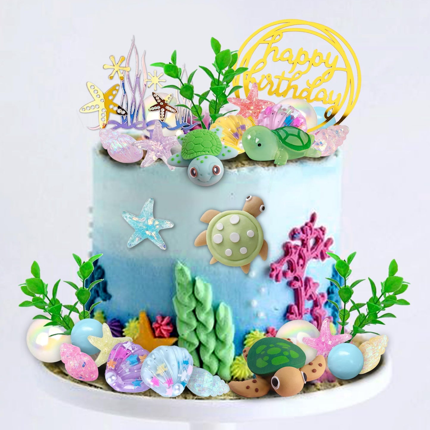 UFROMSKY 34pcs Turtle Cake Topper Under the Sea Cake Decoration with Ocean Turtle Starfish Conch and Seashells for Sea Theme Birthday Party Baby Shower Supplies