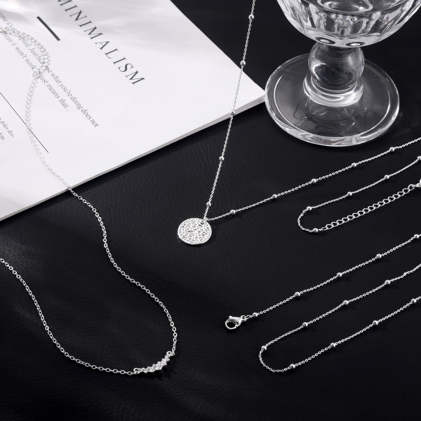 CHESKY Layered Silver Necklace for Women Trendy, Silver Plated Dainty Stackable Charm Necklaces for Womens Layering Beads Chain Diamond Pendant Necklaces Stack Jewelry Set for Women Gifts