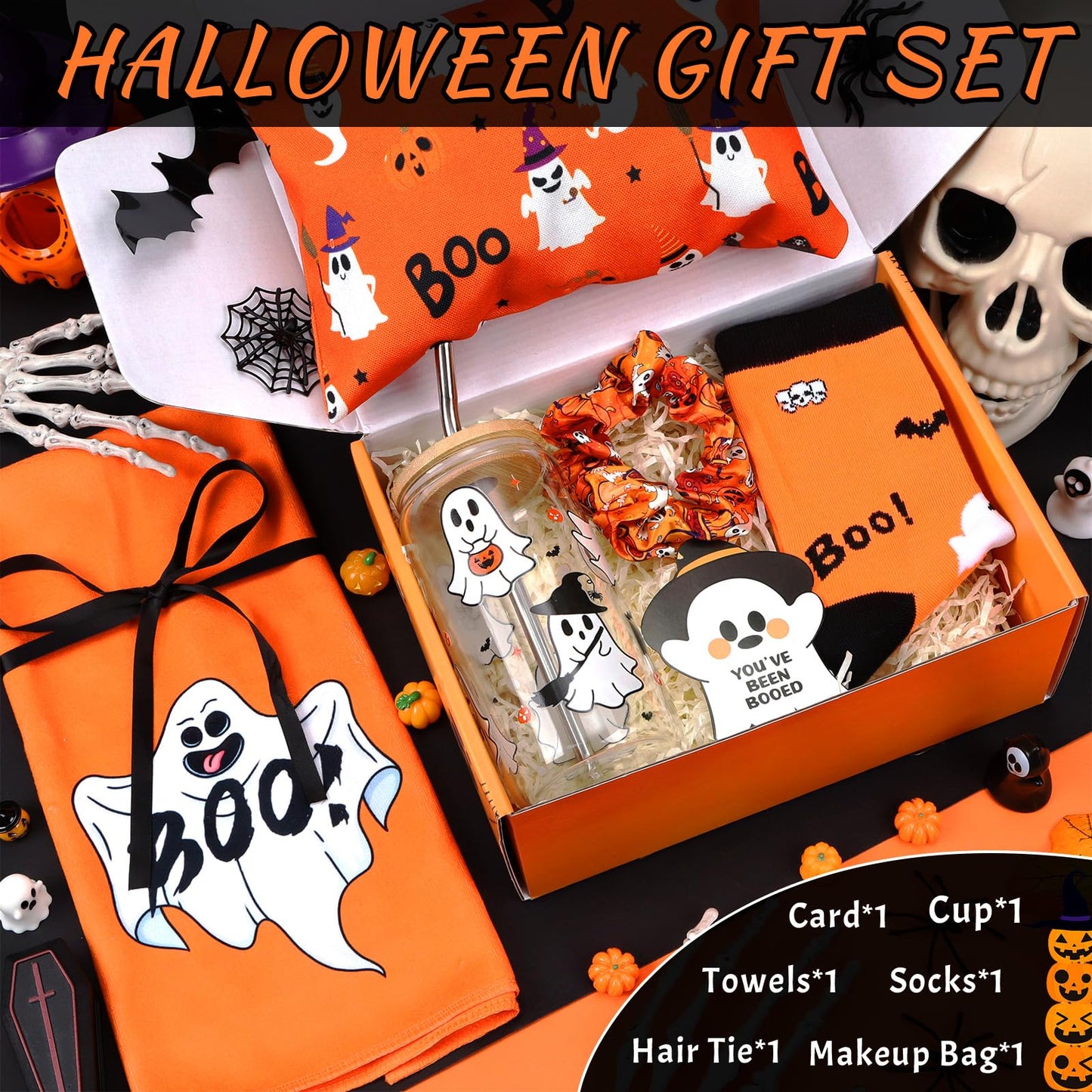 Zenoble Boo Basket Stuffers for Women, 6 Pcs Halloween Gifts Set Cute Boo Basket with Halloween Cup Socks Towel Bag for Teens Girls Mom Friend Sister Wife