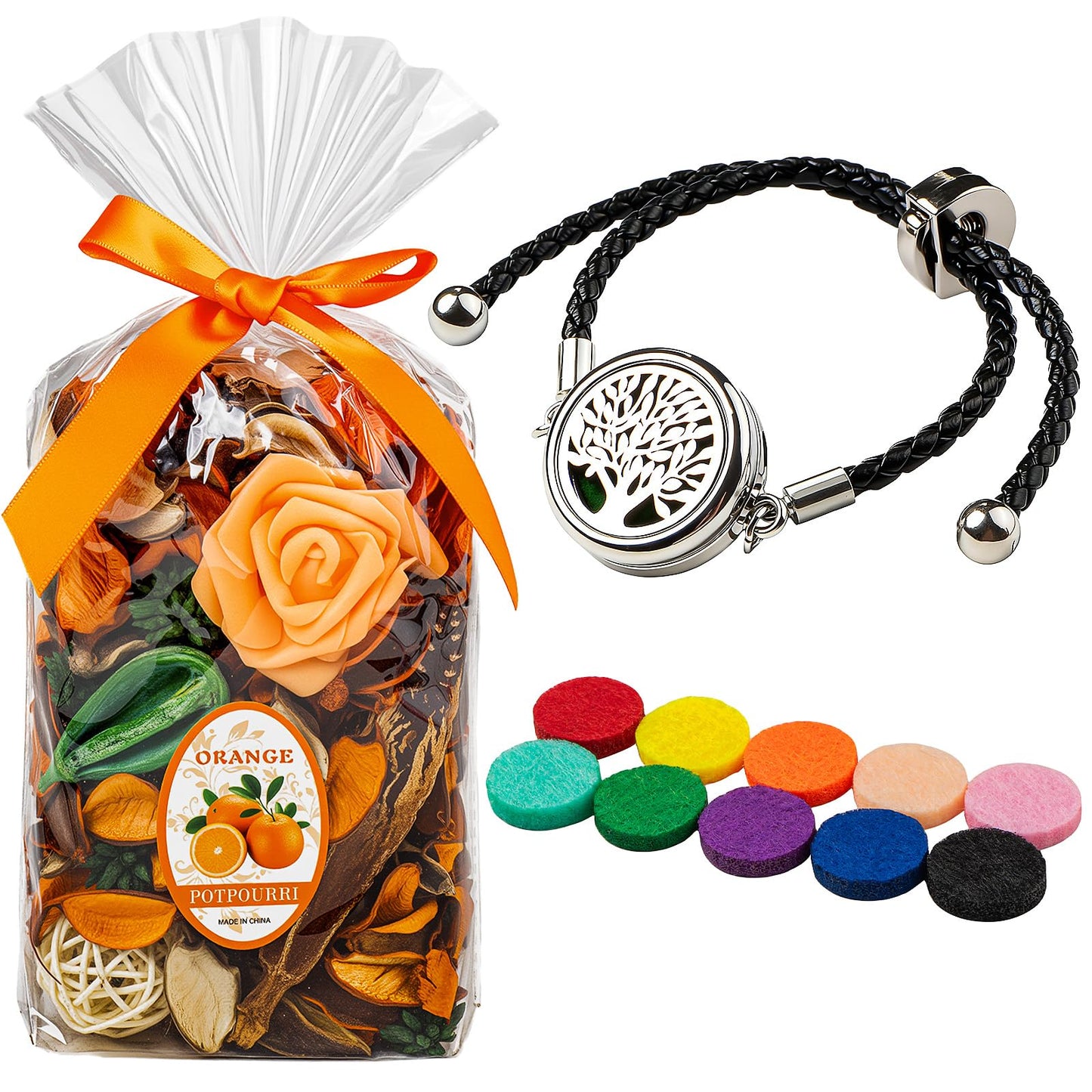 Potpourri Bags & Essential Oil Bracelet Set, Home Decor Scents of Citrus, Fall Potpourri Bowl Fillers + Aroma Diffuser Stainless Bracelet, Women Gifts for Mom, Grandma, Wife, Friend-Orange