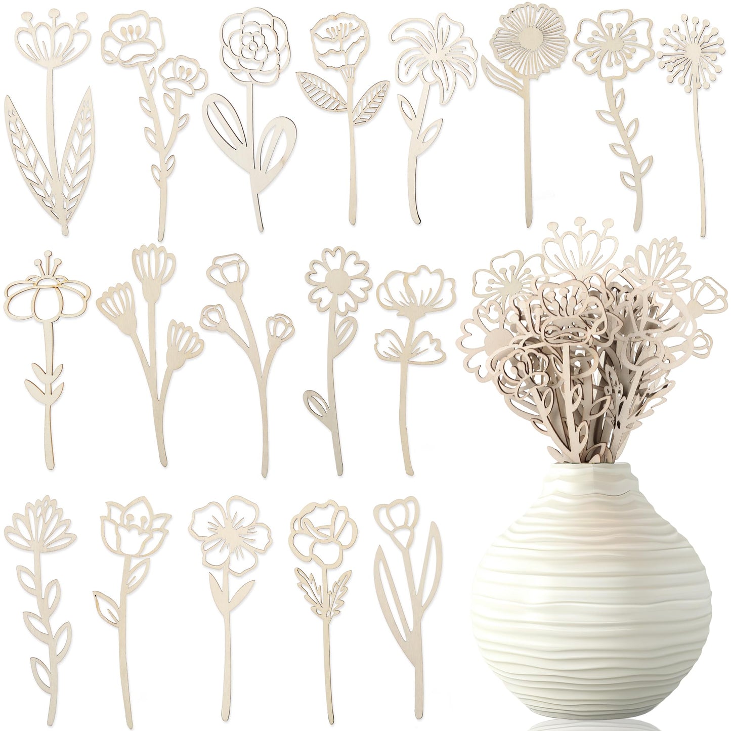54 Pcs Wooden Wildflower Decor Wood Floral Cutouts for Crafts Wood Flowers Cutout Laser Cut Flowers for Mom's Birthday Gift Home Art DIY Decoration