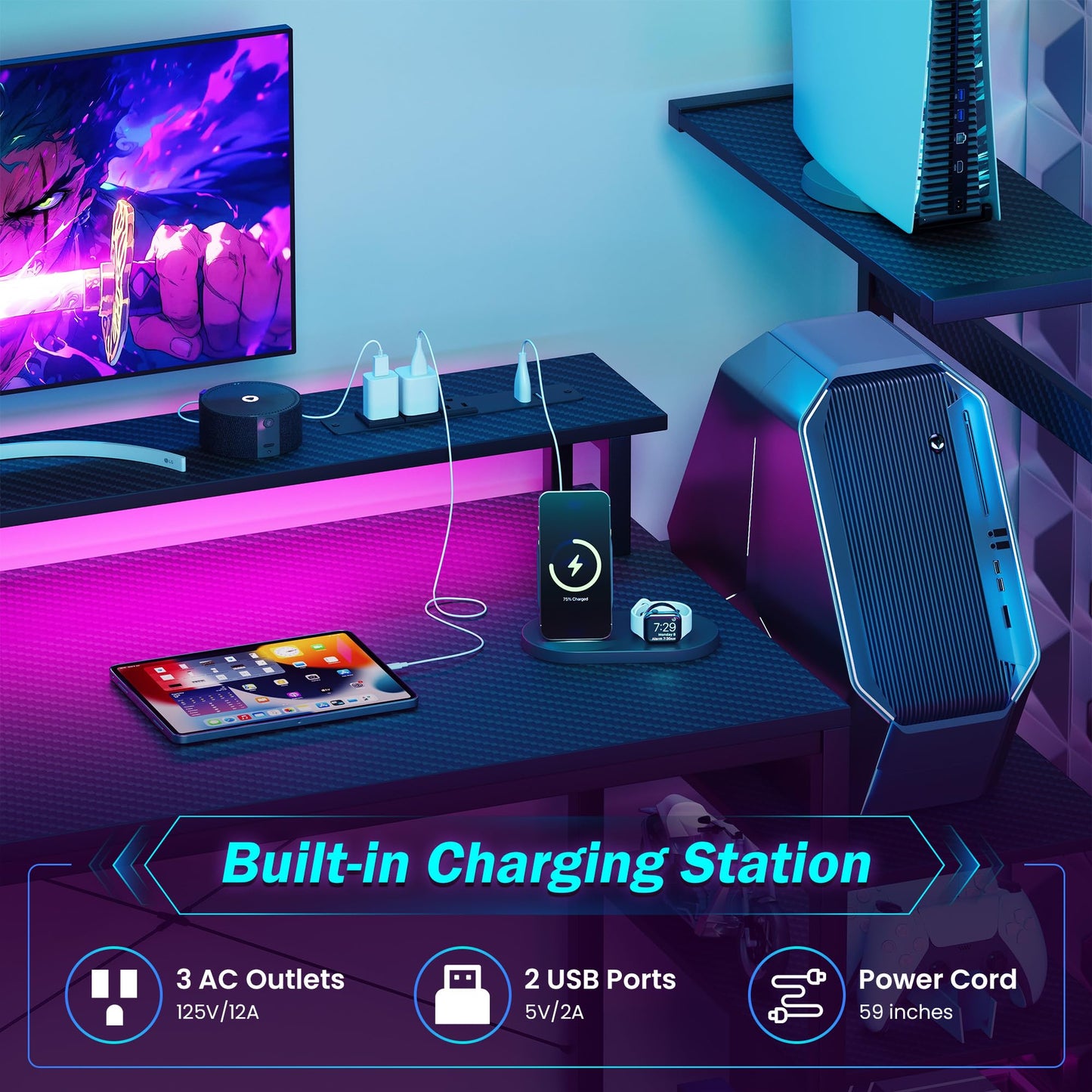51 Inch Gaming Desk with LED Lights and Power Outlets, Computer Desk with Storage Shelves, Fabric Drawers, Monitor Stand & Side Hook, Reversible Gamer Table for Home Office, Carbon Fiber Black