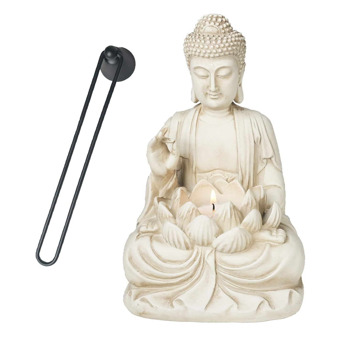 Bella Haus Design Buddha Tealight Candle Holder Statue – 8.5” Tall Polyresin - Zen Home and Garden Decor - Includes 3pcs Tea Lights and Free Candle Snuffer for Office, Indoor, Outdoor Decoration