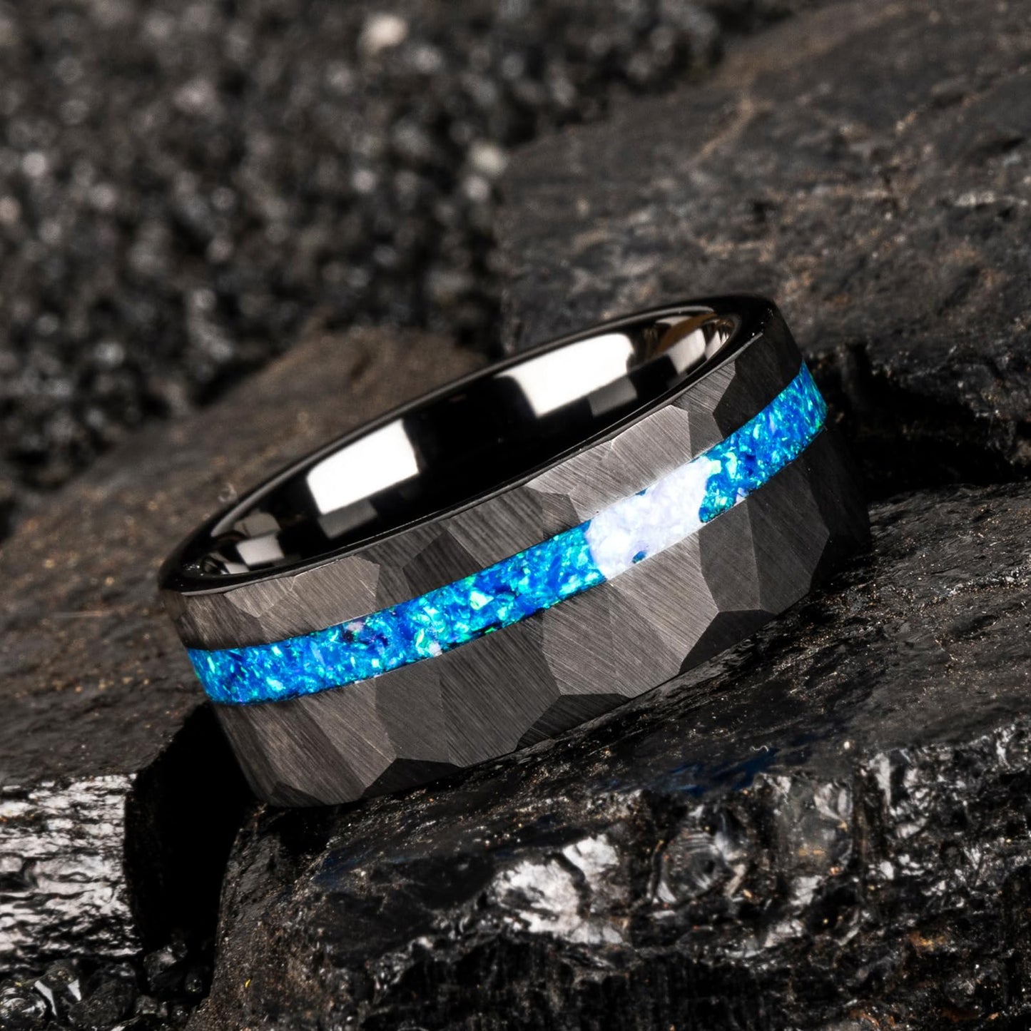 JEWPER 8mm Men Womens Wedding Band Tungsten Rings Black Blue Hammer pattern Fashion Promise Carbide Inlaid Opal Matte Finish Edge Comfort Fit Size(6)