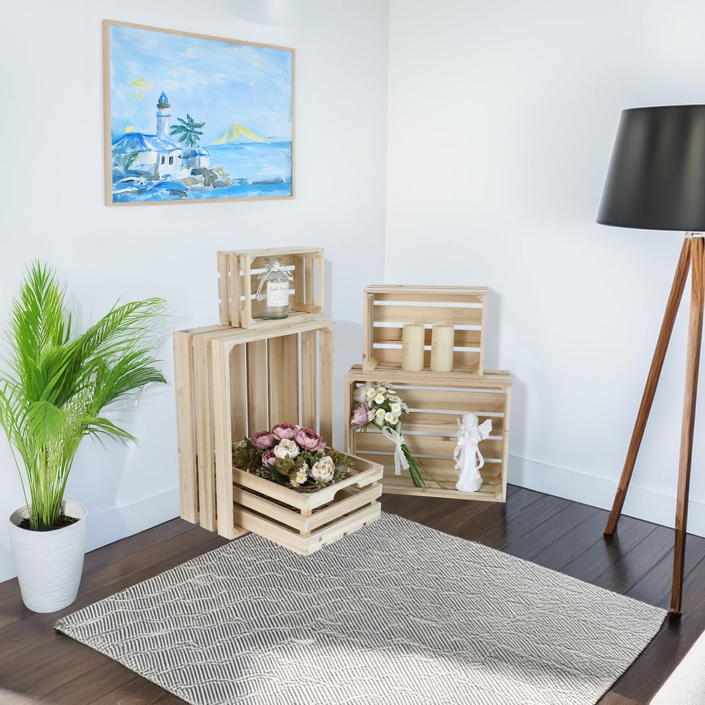JUMBO HUMBLE Wooden Crates, Unfinished Set of 5 Large Wood Crates with Handles, Rustic Farmhouse Wooden Crate for Decor, Wedding Birthday Home Party Living Room Kitchen Decoration