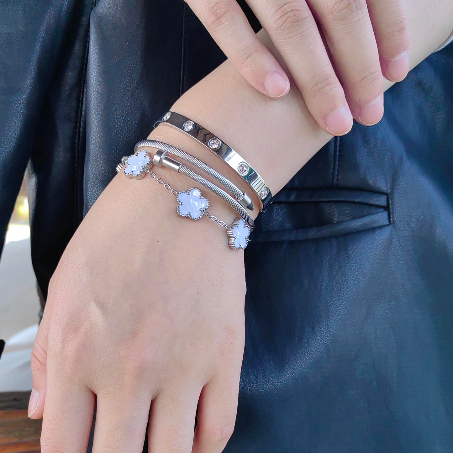 Jade cabbage Gold Bracelets for Women 18K Gold Plated Love Friendship Bracelet With Cubic Zirconia Cuff Bangle Jewelry Set Witness the Gift of Love (Silver 3pcs-A Large 7")