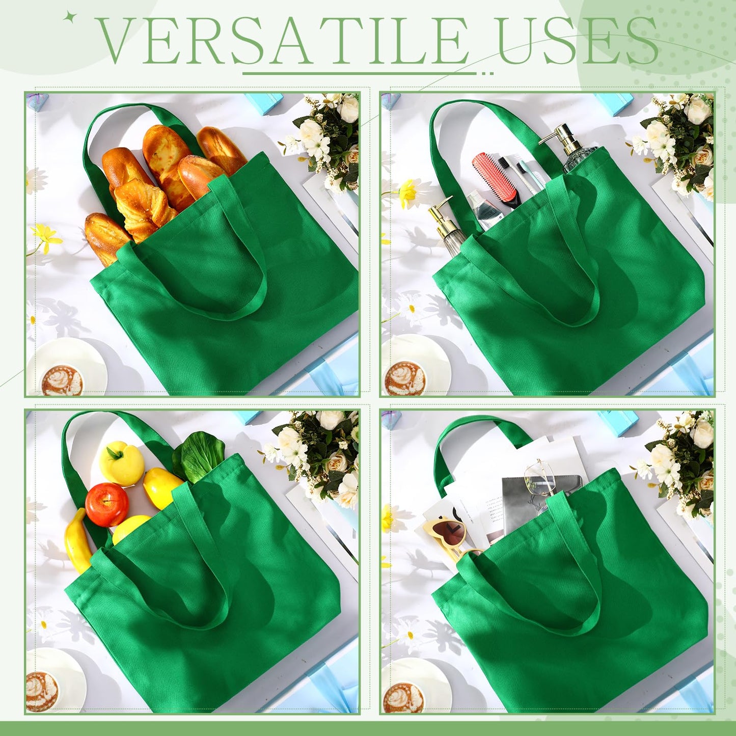 Epakh Canvas Tote Bag with Zipper - Bulk Reusable Large Blank Cotton Grocery Shopping Tote for Women Men DIY Crafting(16.5 x 3.9 x 13.4 Inch,Green Series Colors,8 Pack)