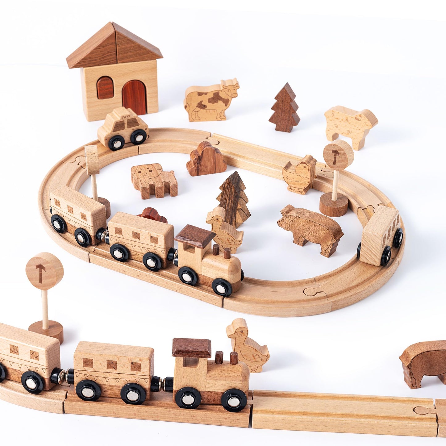Miosea 32PCS Wooden Train Set for Toddlers, 10.6 by 8.66 Inch Compact Size Double-Side Tracks Expandable Montessori Toys Compatible with Educational Fine Motor Skills Toy for 3 Year Old Boys Girls