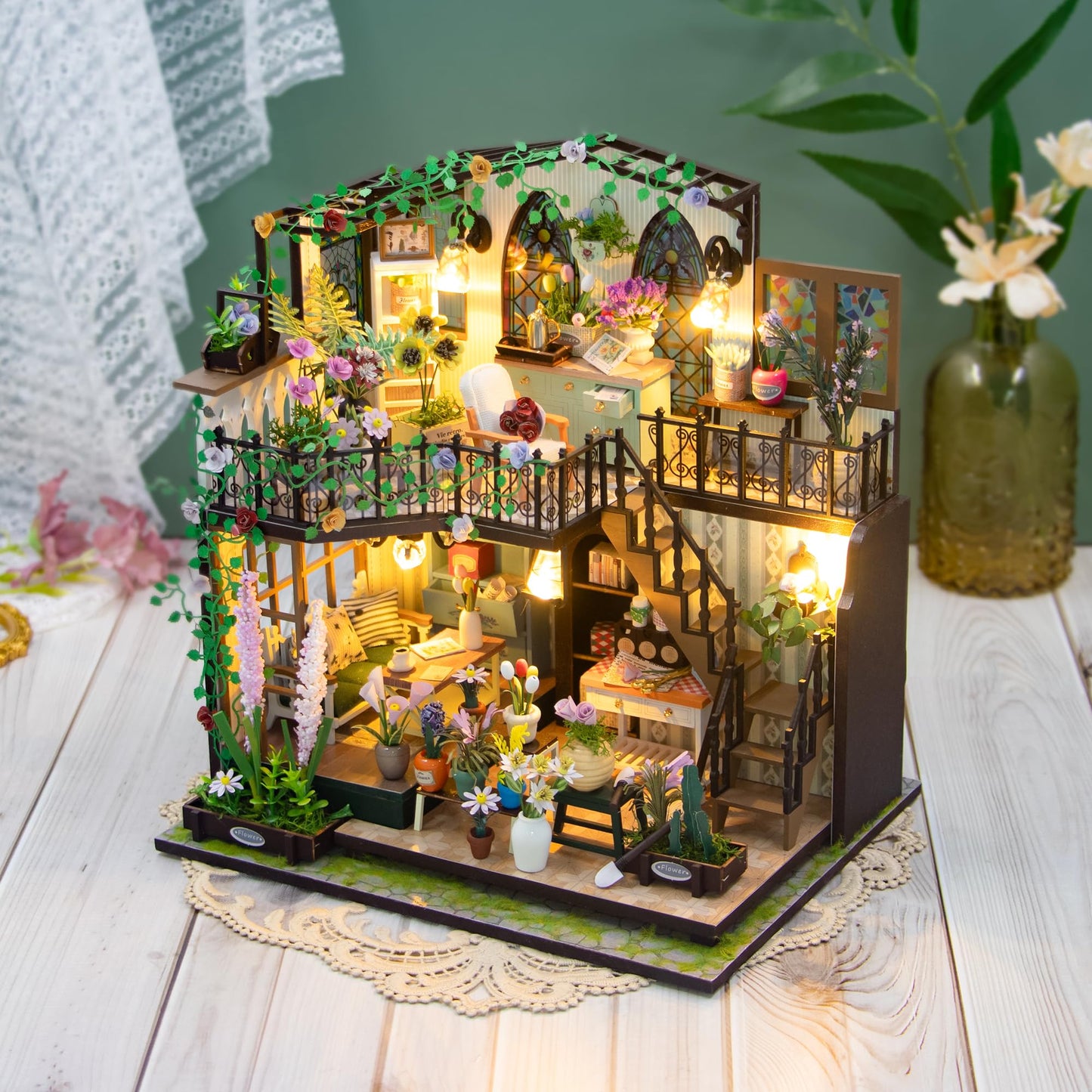 PANZIYU DIY Miniature House Kit, Fairy Dollhouse for Adults to Bulid,Tiny Home Making Kit with Wooden Furniture and LED, Halloween Decoration for Family and Friends (Darcy Flower House)