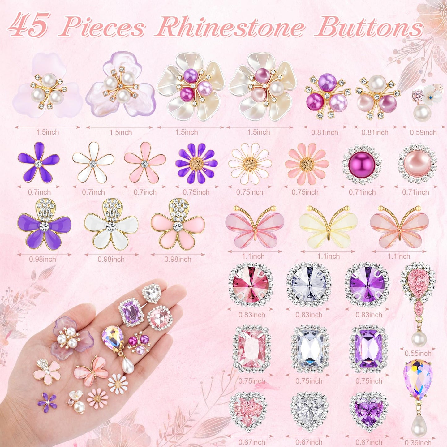 Giegxin 45 Pcs Rhinestone Embellishments Buttons for Craft Embellishments for Craft Faux Pearl Button Butterfly Flower Brooch for Wedding Decoration DIY Clothes Bag Shoe Supplies(Pink Purple Petals)