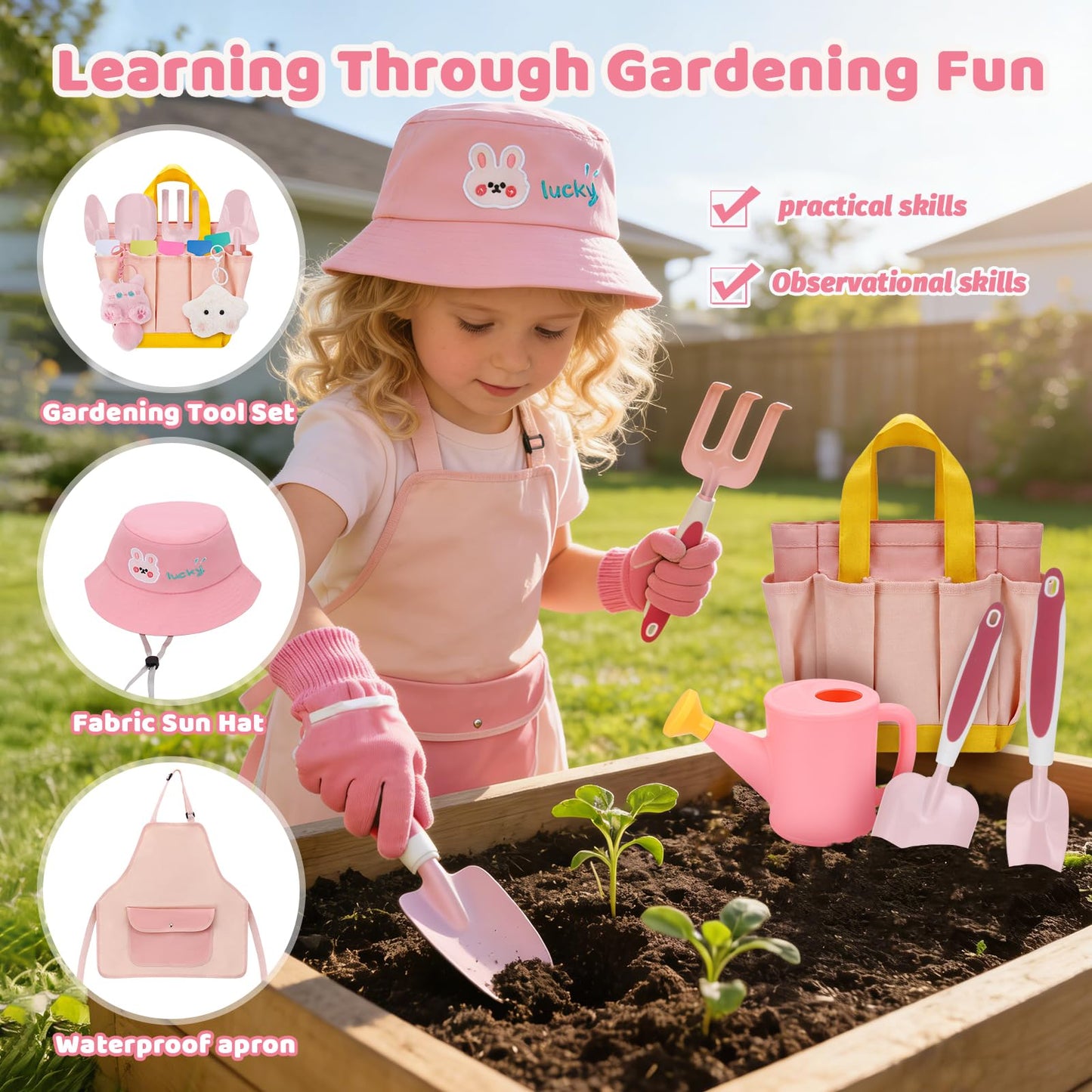 Kids Gardening Tools Set,Gardening Tools for Kids,Toddler Gardening Tools with Gloves, Watering Can, Metal Shovel, Rake, Spade & Storage Bag, Garden Book and More Educational STEM Learning for Girls