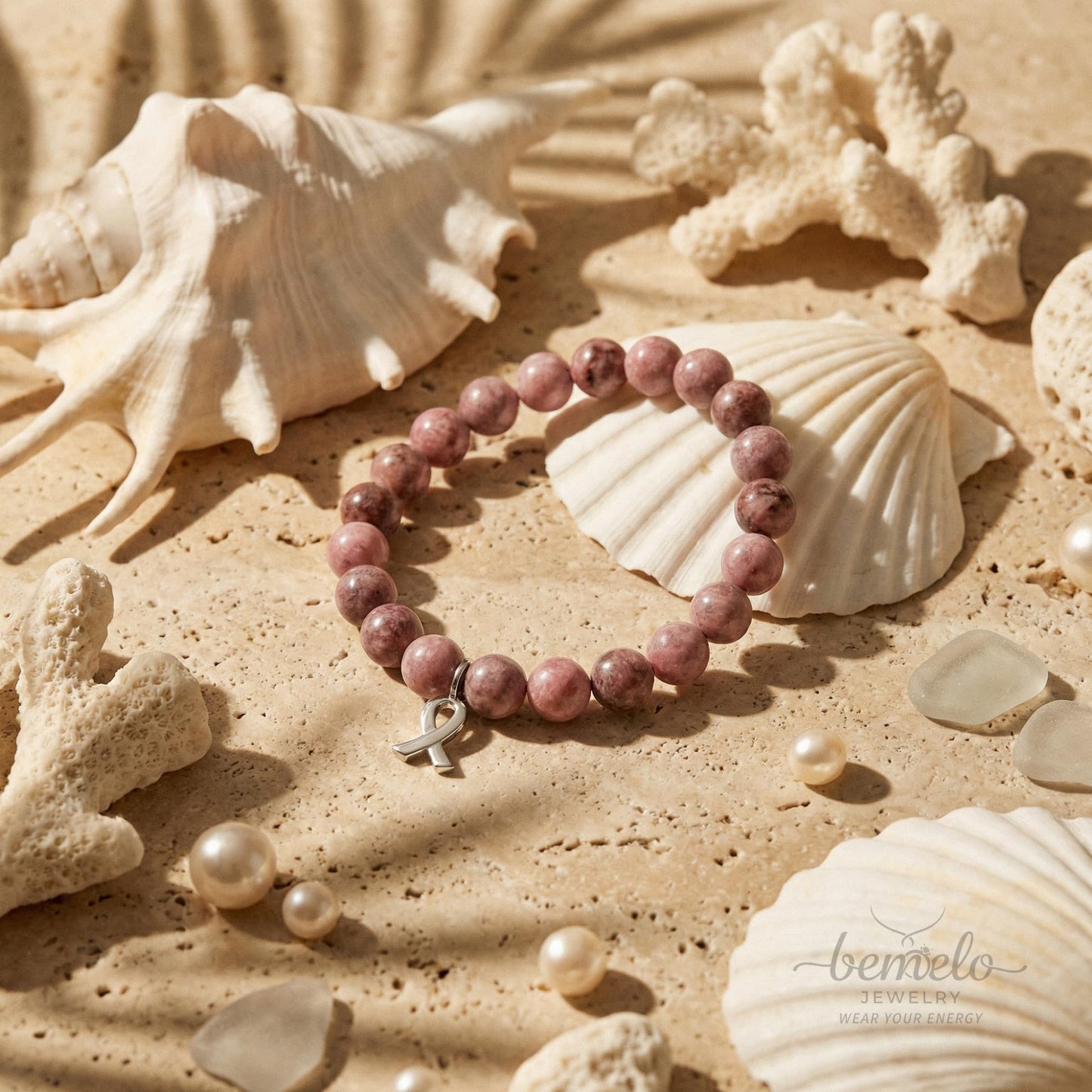 BEMELO Pink Hope Jasper Bracelet – Natural Pink Zebra Jasper Beaded Bracelet with Ribbon Charm, Inspirational Strength & Support Jewelry, Meaningful Handmade Gift for Women
