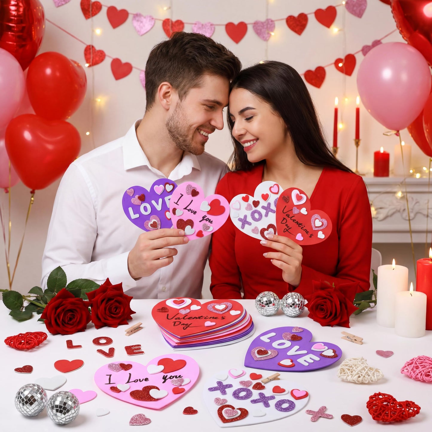 24 Sets Valentine's Day Large Foam Hearts for Crafts 6 Inch Self Adhesive Foam Stickers Hearts Shape for Valentines Day DIY Party Favors Decorations Teacher Supplies
